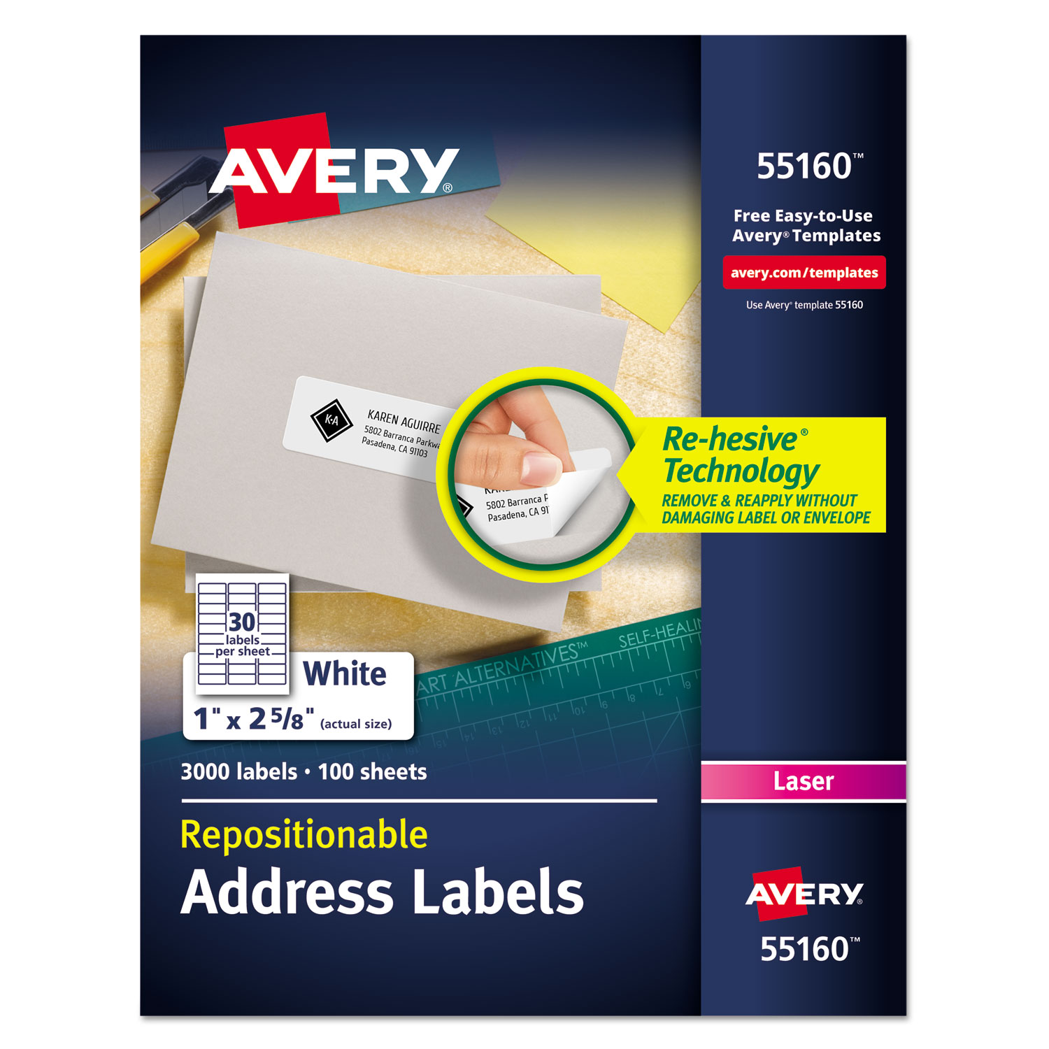  Avery 55160 Repositionable Address Labels w/SureFeed, Laser, 1 x 2 5/8, White, 3000/Box (AVE55160) 
