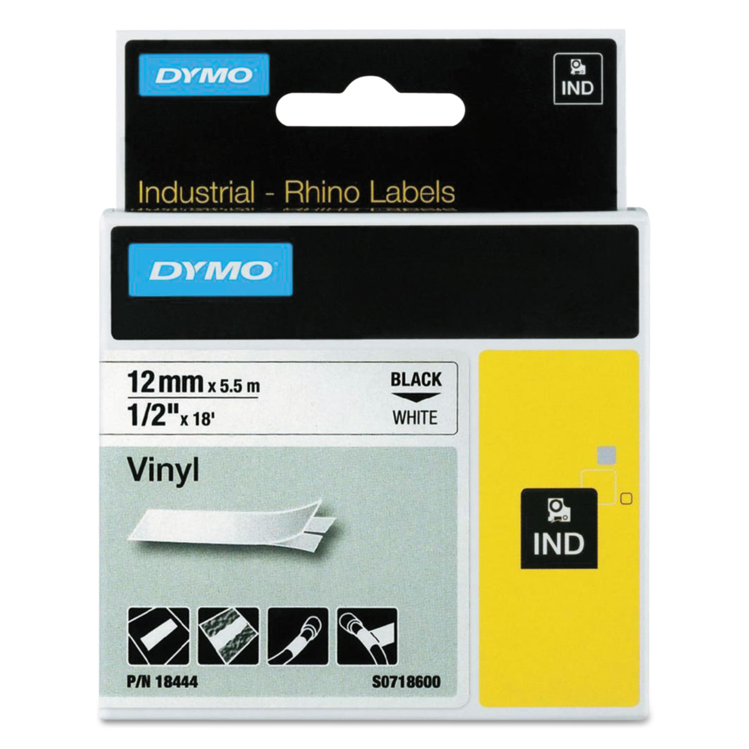  DYMO 18444 Rhino Permanent Vinyl Industrial Label Tape, 0.5 x 18 ft, White/Black Print (DYM18444) 