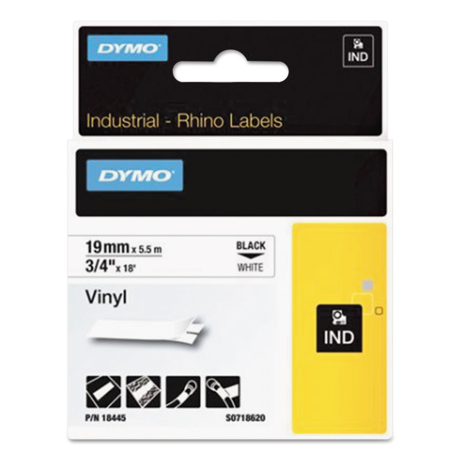  DYMO 18445 Rhino Permanent Vinyl Industrial Label Tape, 0.75 x 18 ft, White/Black Print (DYM18445) 