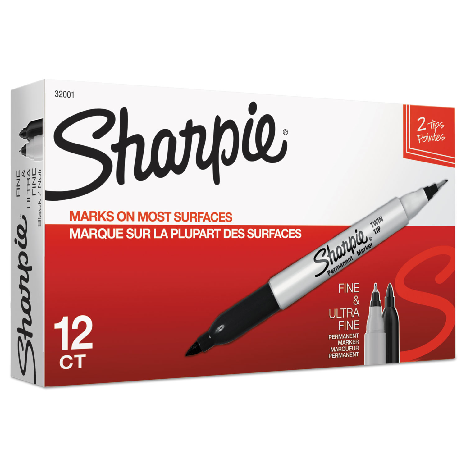  Sharpie 32001 Twin-Tip Permanent Marker, Fine/Extra-Fine Bullet Tip, Black, Dozen (SAN32001) 