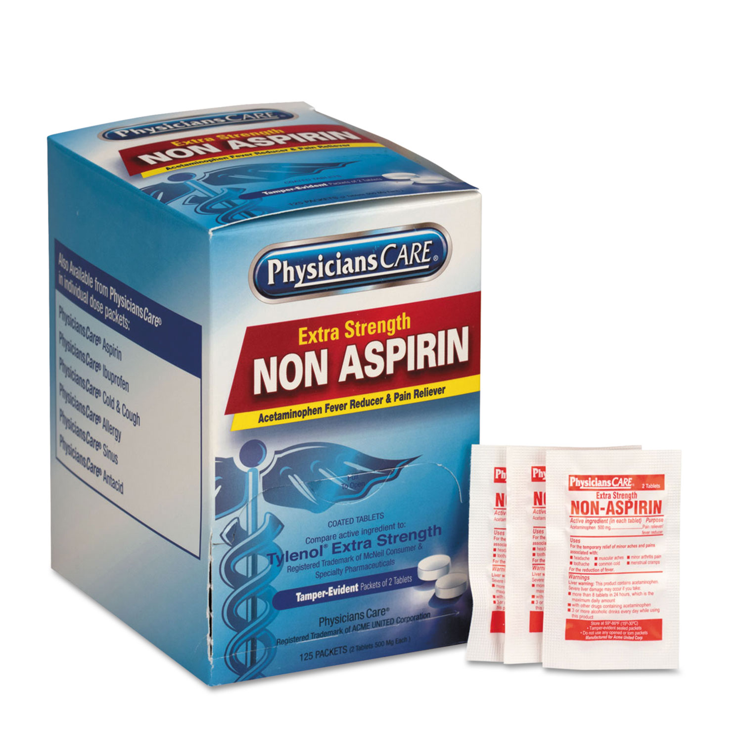  PhysiciansCare 40800-001 Pain Relievers/Medicines, XStrength Non-Aspirin Acetaminophen,2/Packet,125 Pk/Bx (FAO40800) 