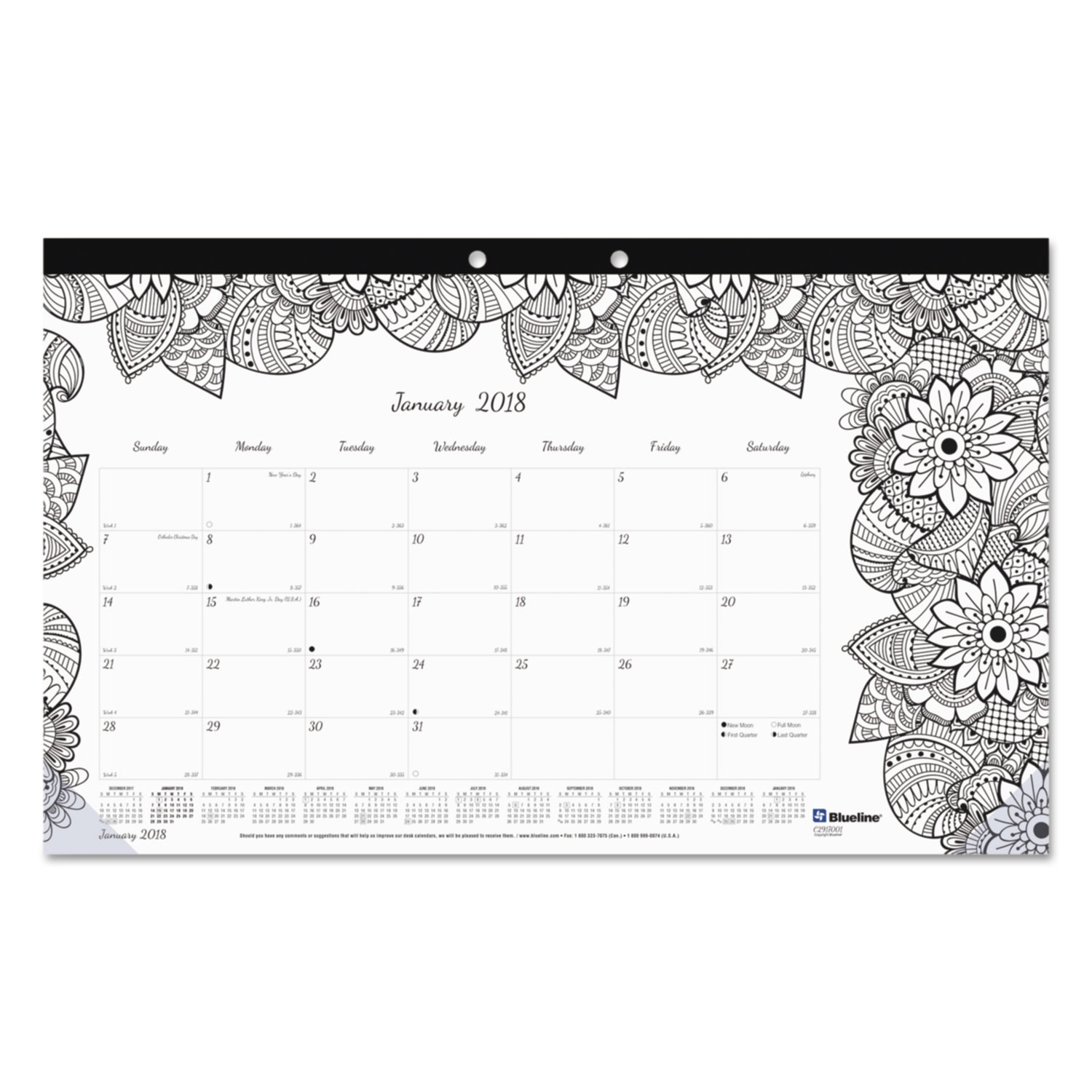 DoodlePlan Desk Calendar w/Coloring Pages, 17 3/4 x 10 7/8, 2018