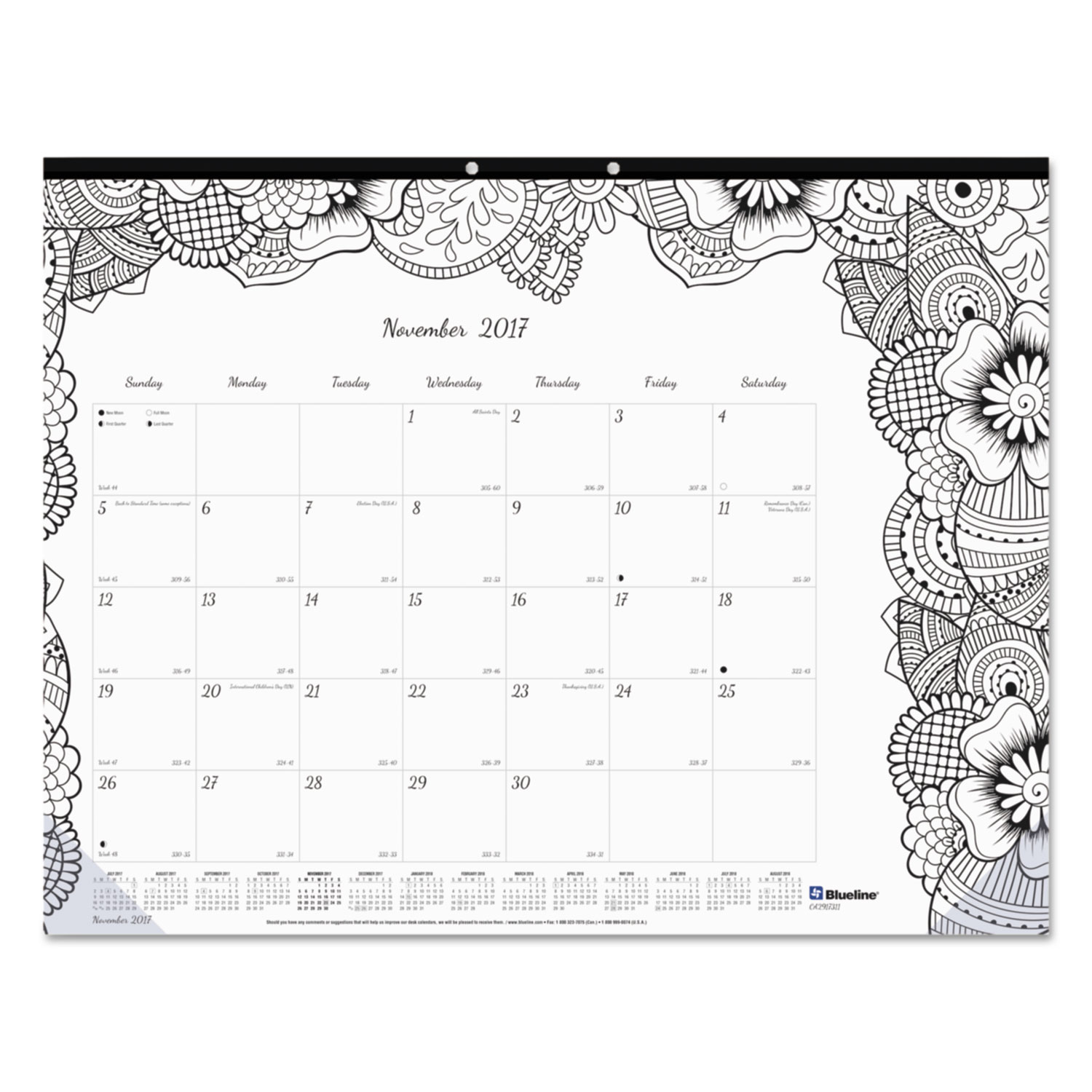 Academic DoodlePlan Desk Pad Calendar w/Coloring Pages, 22 x 17, 2017-2018