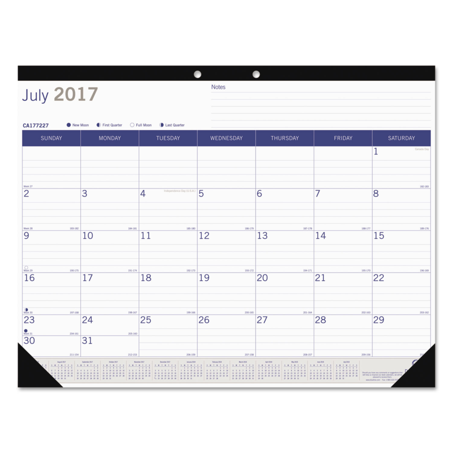 Academic Desk Pad Calendar, 22 x 17, White/Blue/Gray, 2017-2018