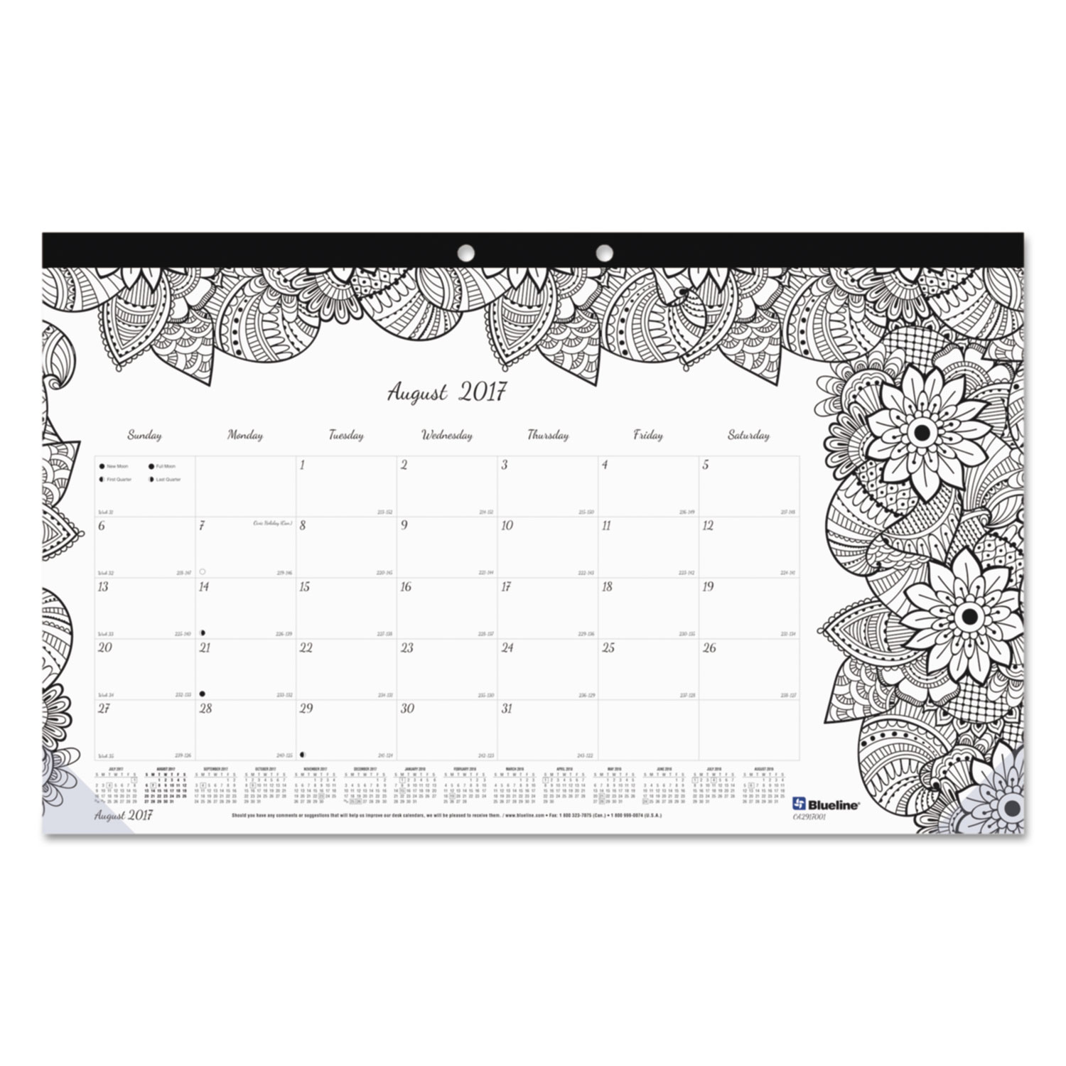 Academic DoodlePlan Desk Pad Calendar w/Coloring Pages,17 3/4 x 10 7/8,2017-2018