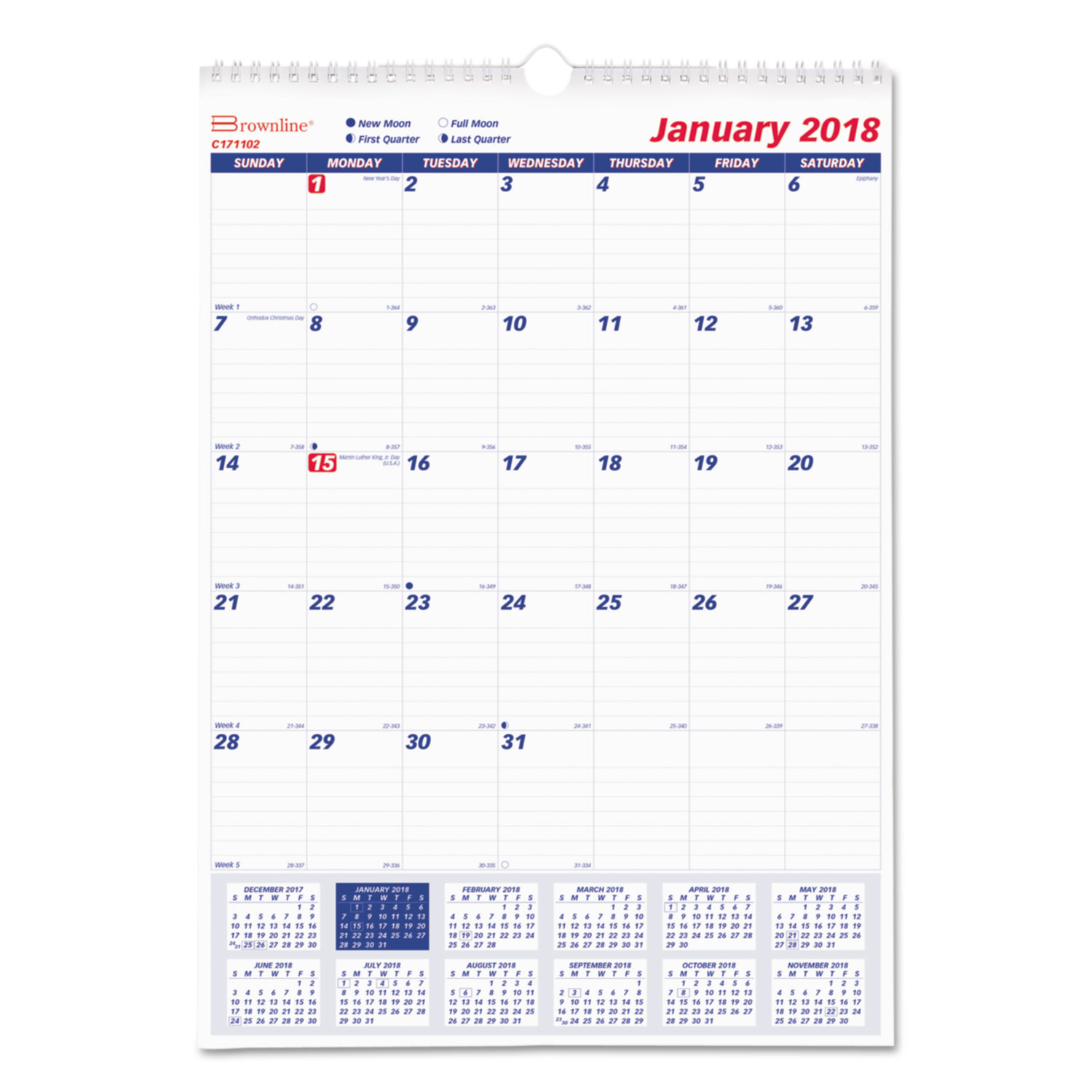 One Month Per Page Twin Wirebound Wall Calendar, 12 x 17, 2018