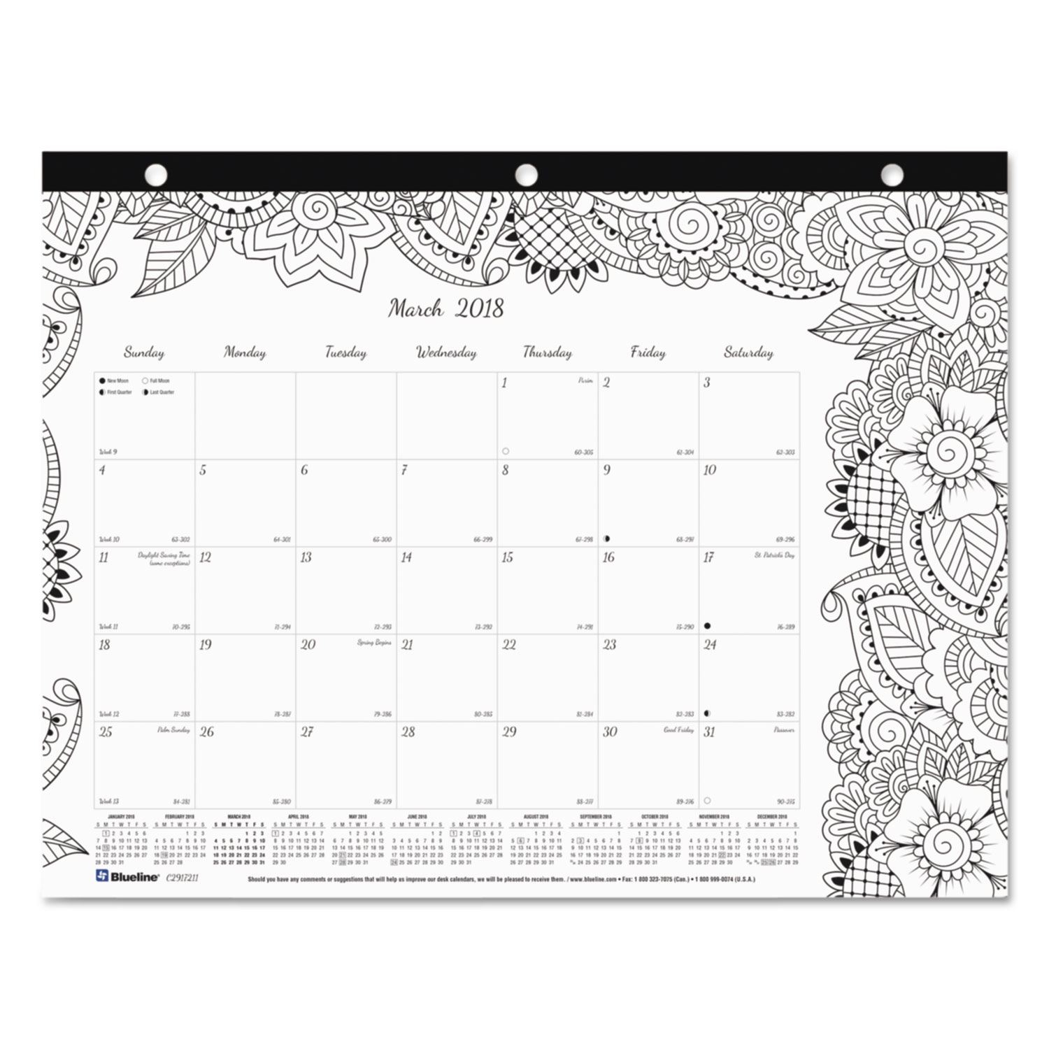 DoodlePlan Desk Pad Mini Calendar w/Coloring Pages, 11 x 8 1/2, 2018