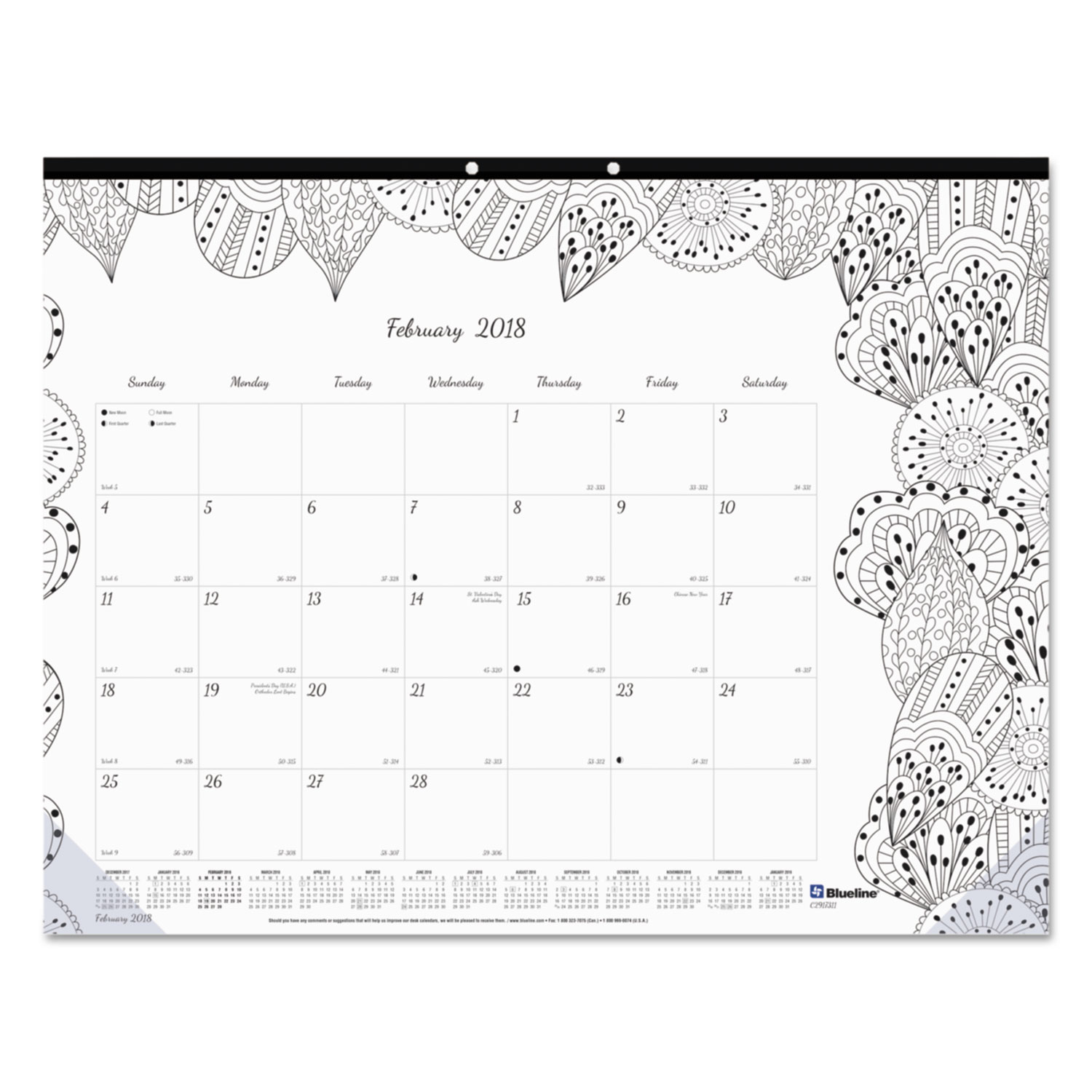 DoodlePlan Desk Pad Calendar w/Coloring Pages, 22 x 17, 2018