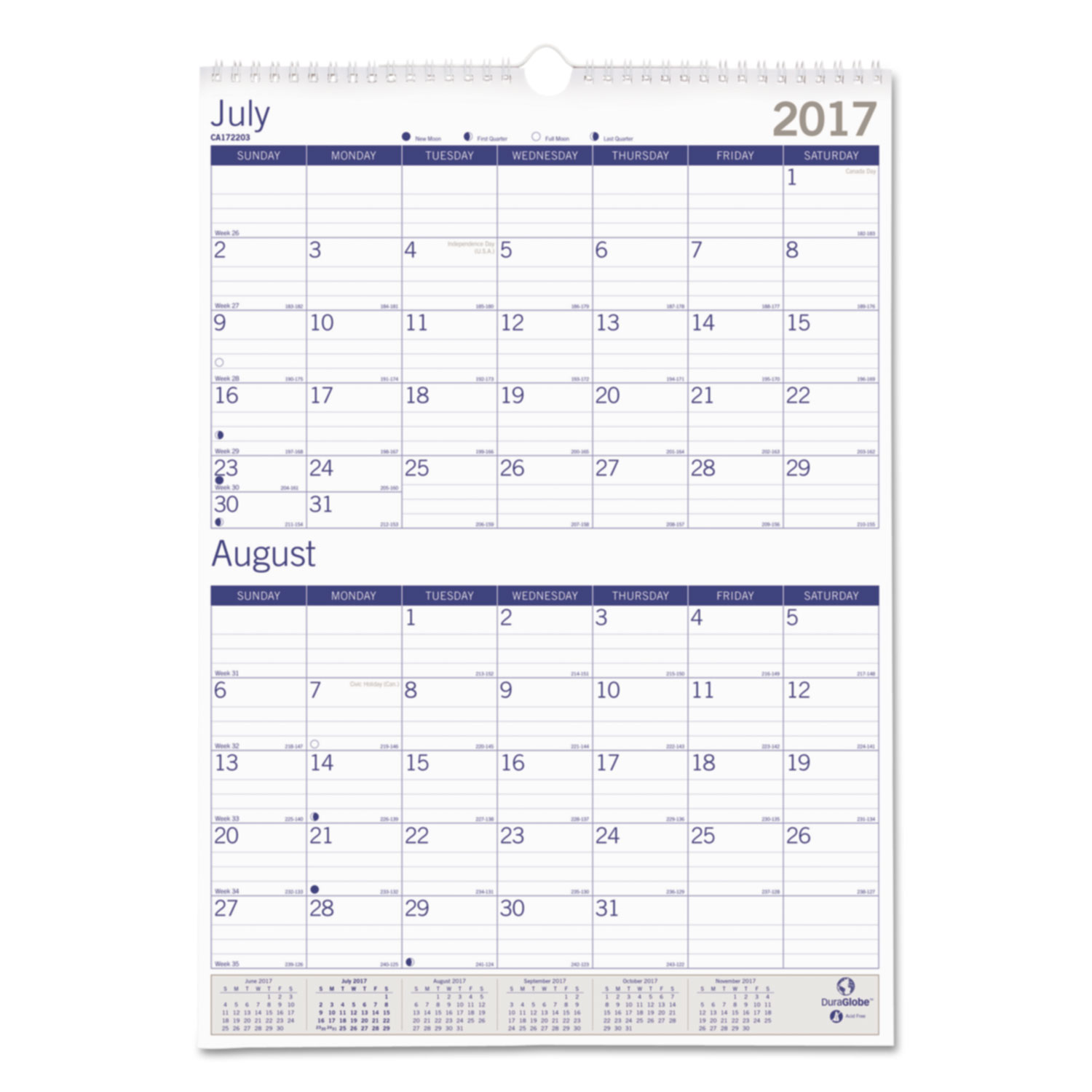 DuraGlobe Monthly Wall Calendar, Two Months/Page, 12 x 17, Academic, 2017-2018