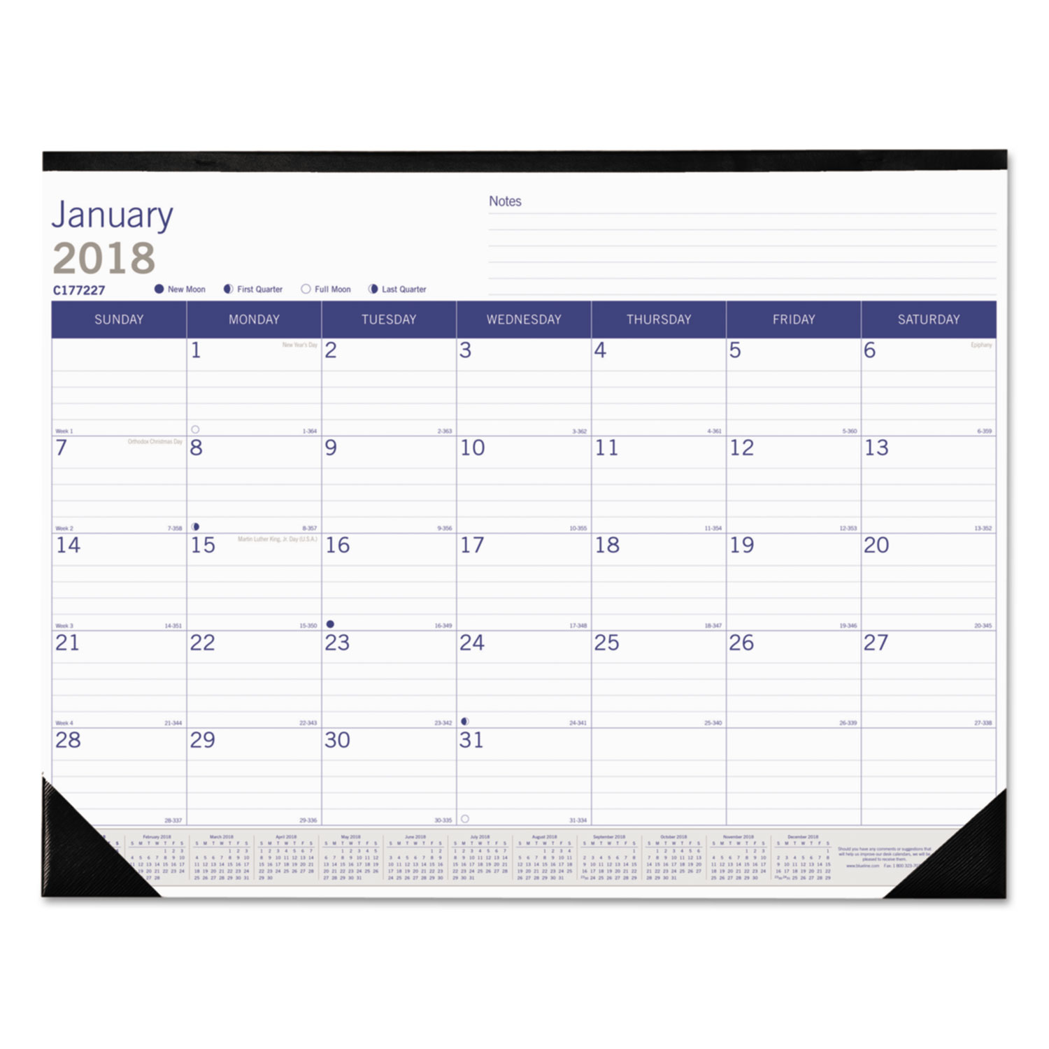 DuraGlobe Monthly Desk Pad Calendar, 22 x 17, 2018