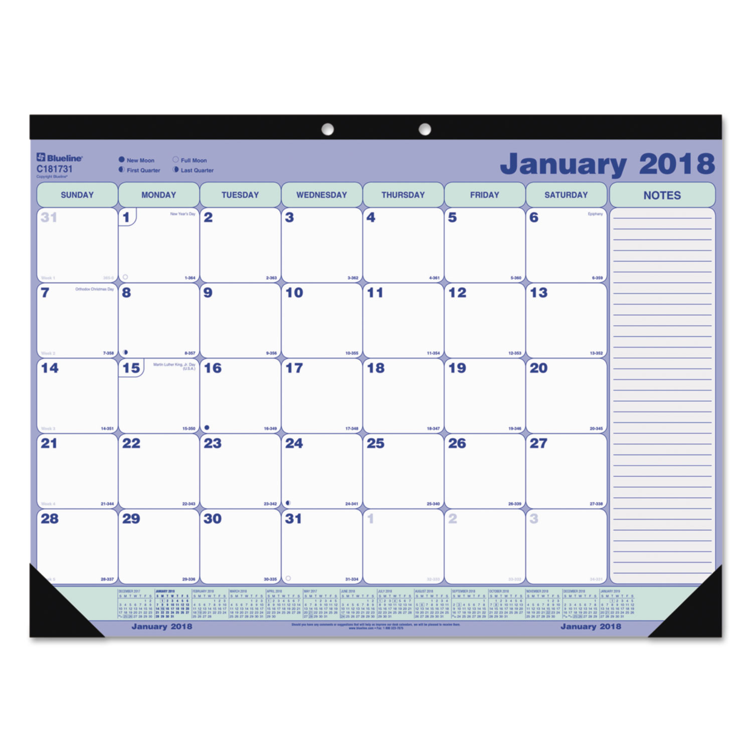 Desk Pad Calendar, 21 1/4 x 16, Blue/White/Green, 2018