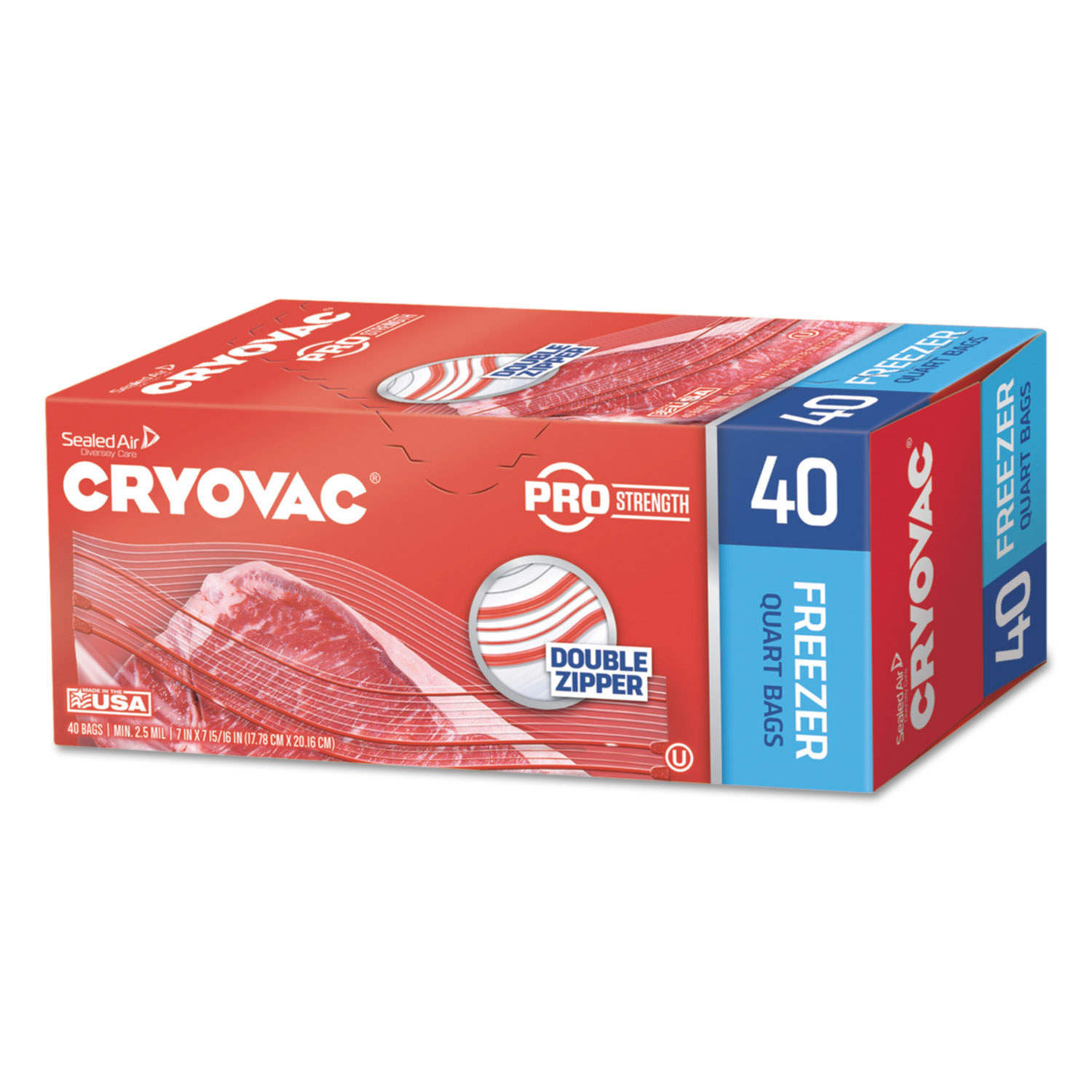 Cryovac One Quart Freezer Bag Dual Zipper, 1 qt, 2.5 mil, 7" x 7.94", Clear, 360/Carton