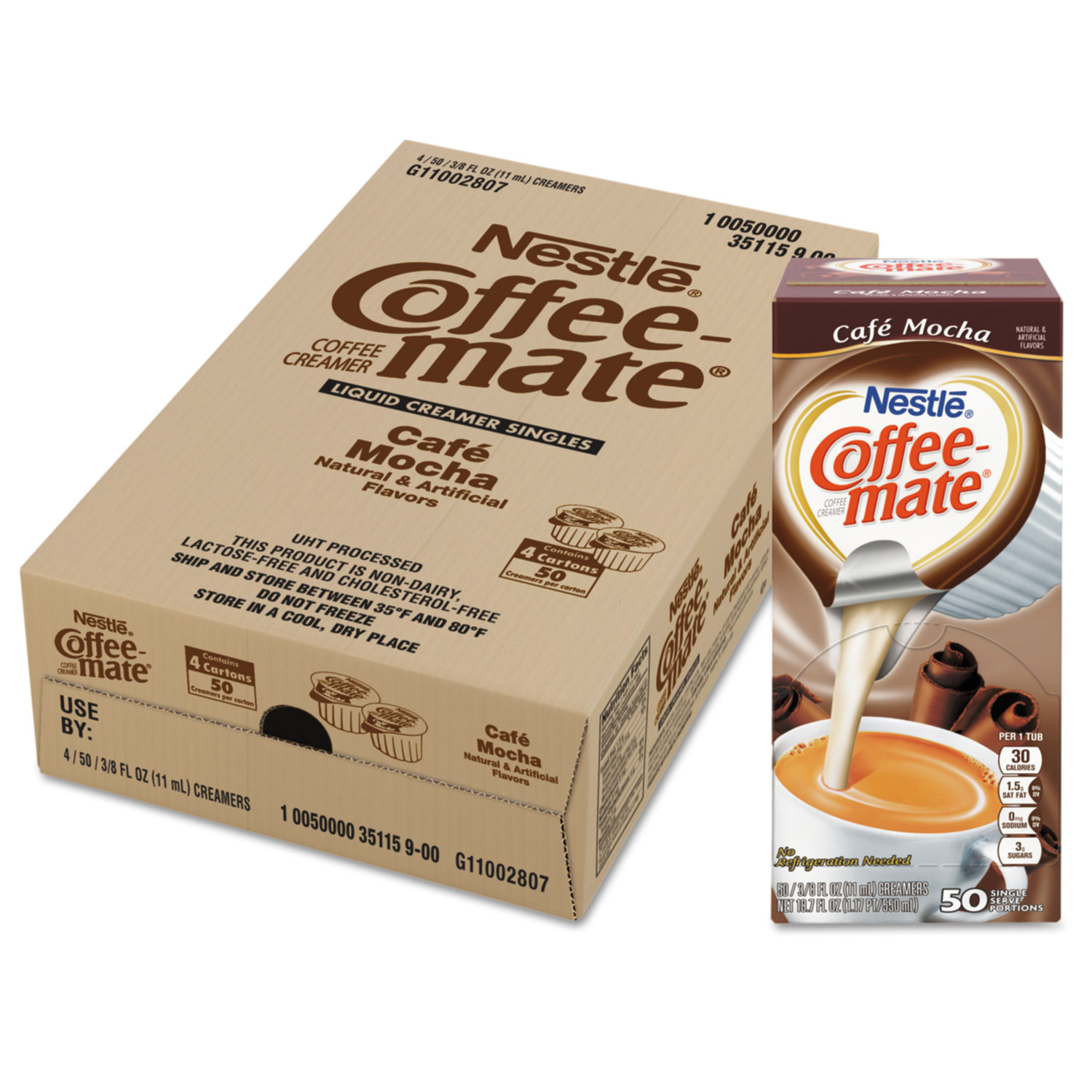 Liquid Coffee Creamer, Café Mocha, 0.375 oz Cups, 50/Box, 4 Box/Carton