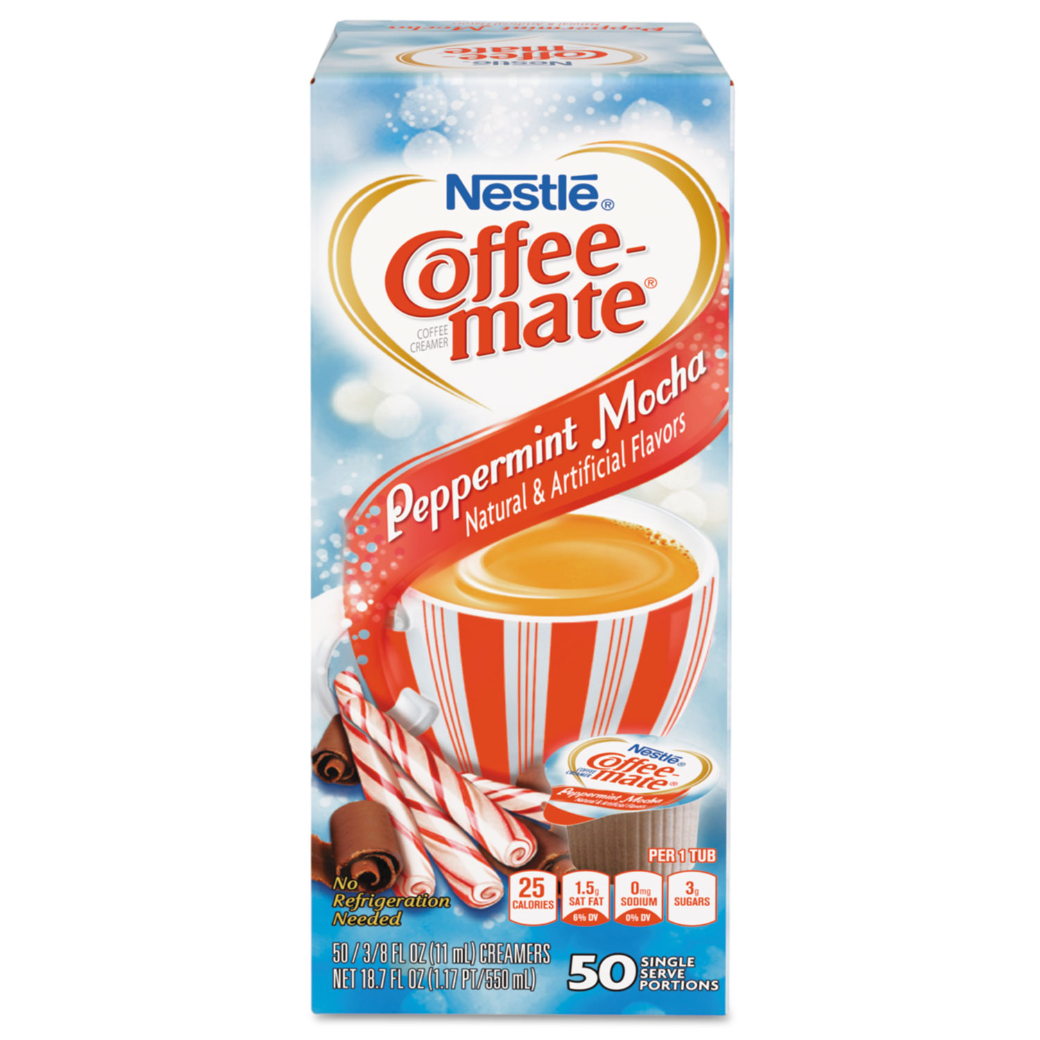Liquid Coffee Creamer, Peppermint Mocha, 0.375 oz Mini Cups, 50/Box, 4/Carton