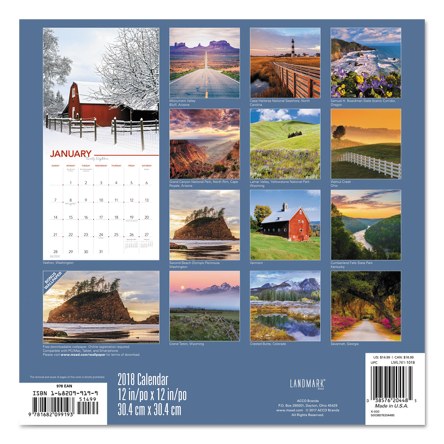 Landmark America the Beautiful Wall Calendar, 12 x 12, 2018