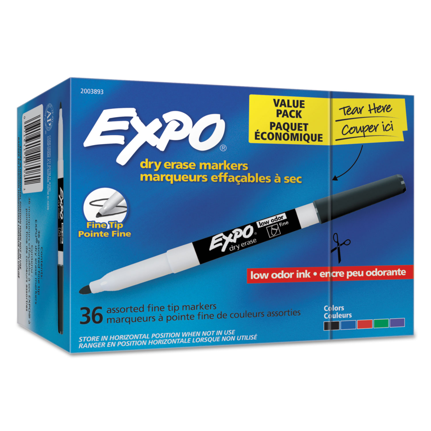  EXPO 2003893 Low-Odor Dry Erase Marker Office Pack, Fine Bullet Tip, Assorted Colors, 36/Pack (SAN2003893) 