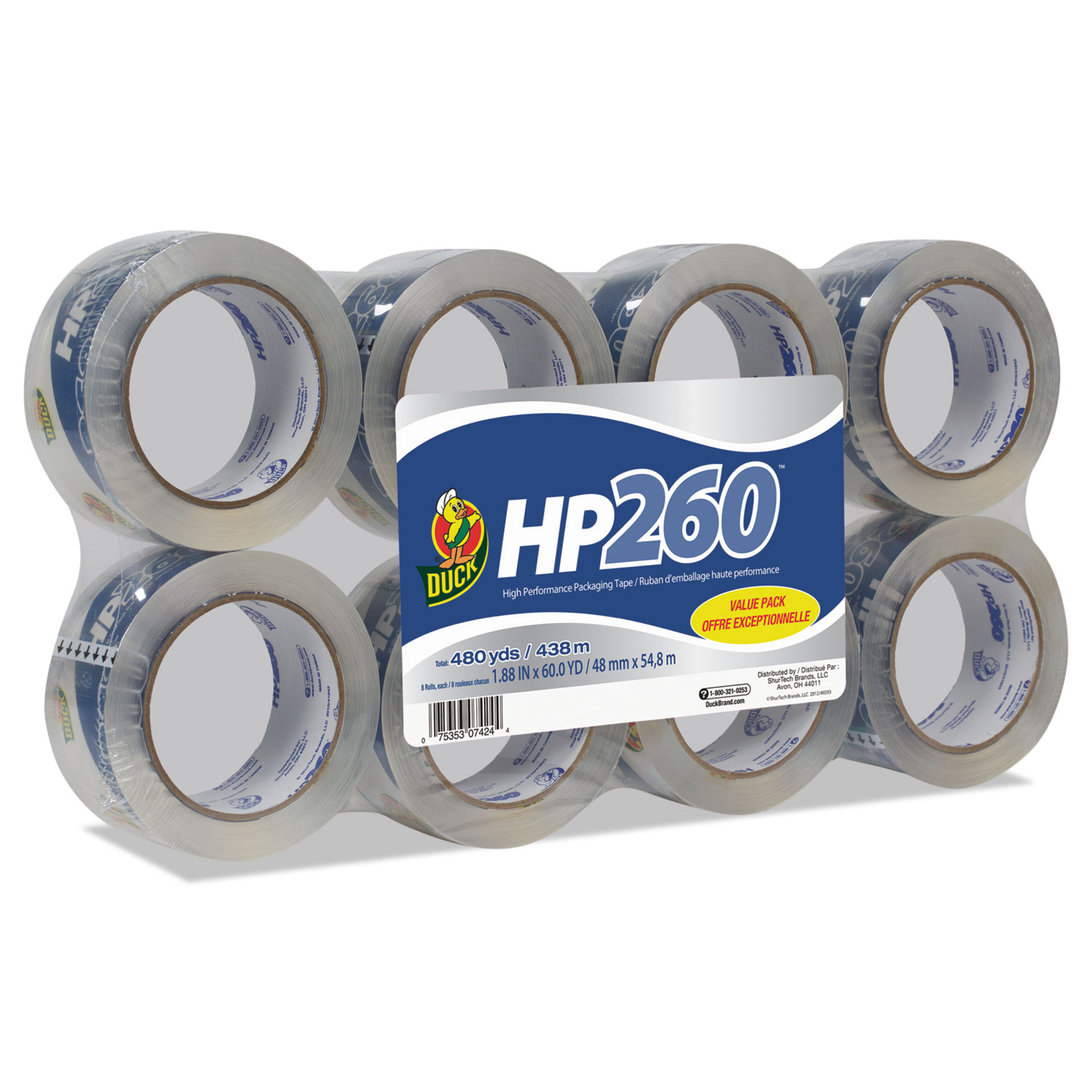 HP260 Packaging Tape, 1.88 x 60yds, 3 Core, Clear, 8/Pack