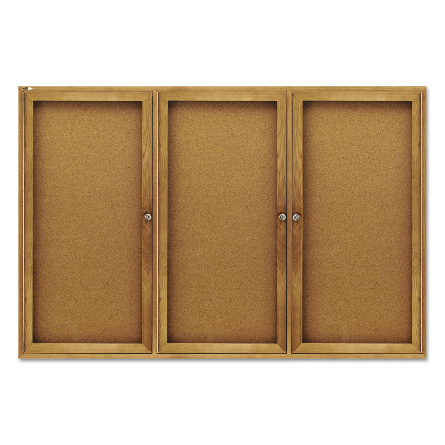 Enclosed Bulletin Board, Natural Cork/Fiberboard, 72 x 48, Oak Frame