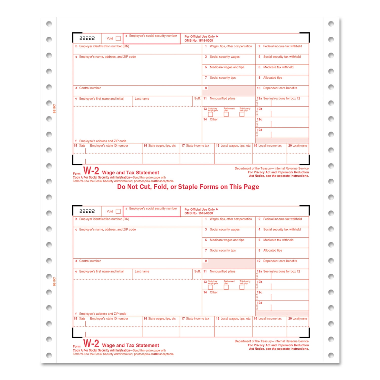  TOPS 2206C W-2 Tax Forms, 6-Part Carbonless, 5 1/2 x 8 1/2, 24 W-2s & 1 W-3 (TOP2206C) 