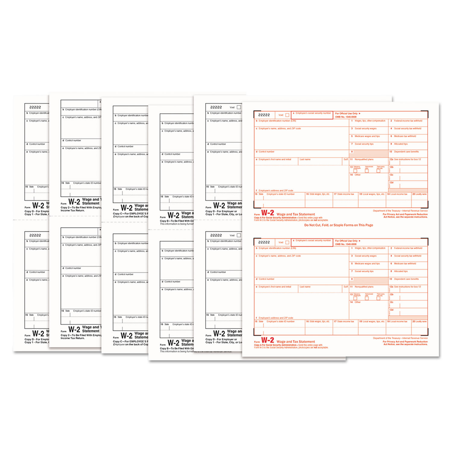W-2 Tax Forms, 6-Part, 5 1/2 x 8 1/2, Inkjet/Laser, 50 W-2s & 1 W-3