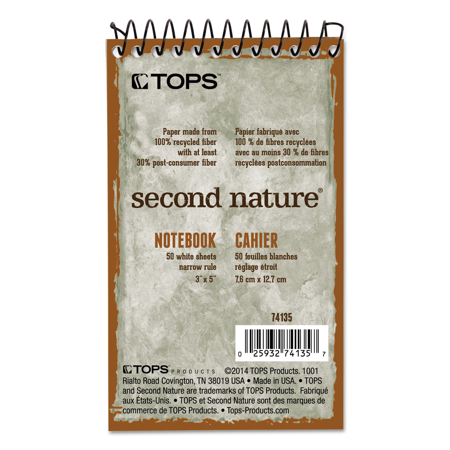 Second Nature Subject Wirebound Notebook, Narrow, 3 x 5, White, 50 Sheets