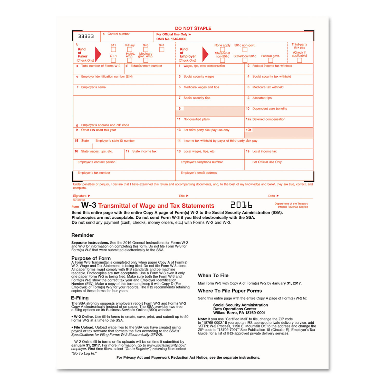 W-3 Summary Transmittal Tax Forms, 8 x 11, Inkjet/Laser, 50 Forms