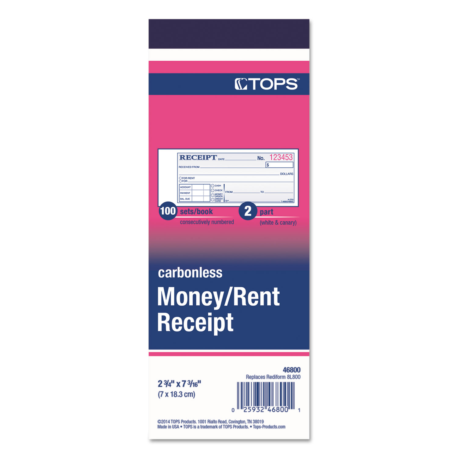 Money and Rent Receipt Books, 2-3/4 x 7-3/16, 2-Part Carbonless, 100 Sets/Book