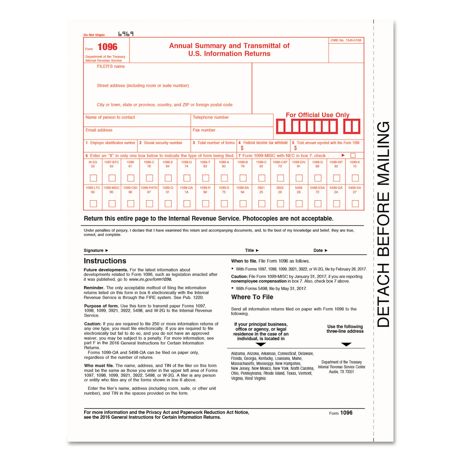  TOPS 22023 1096 Summary Transmittal Tax Forms, 8 x 11, Inkjet/Laser, 50 Forms (TOP22023) 