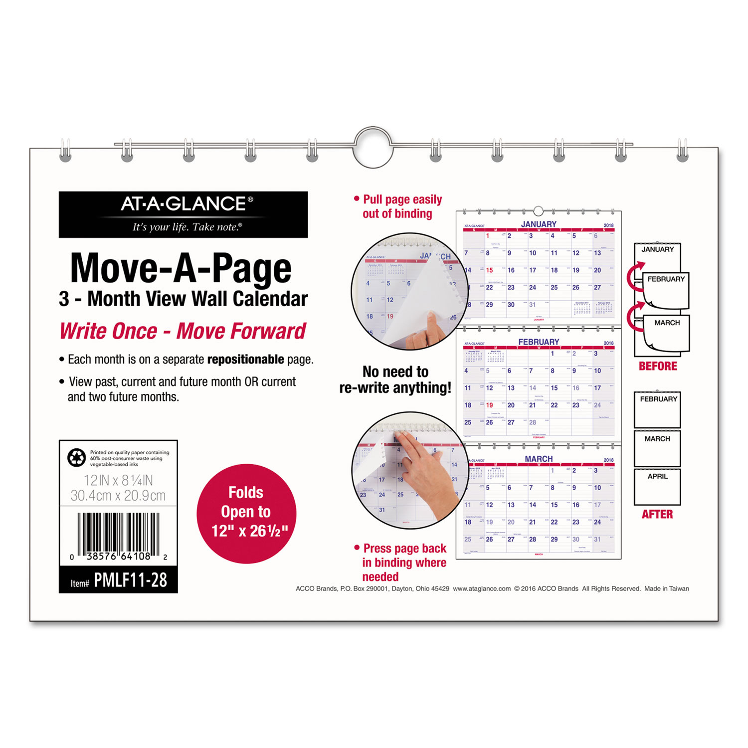 Move-A-Page Three-Month Wall Calendar, 12 x 26 1/2, Move-A-Page, 2017-2019
