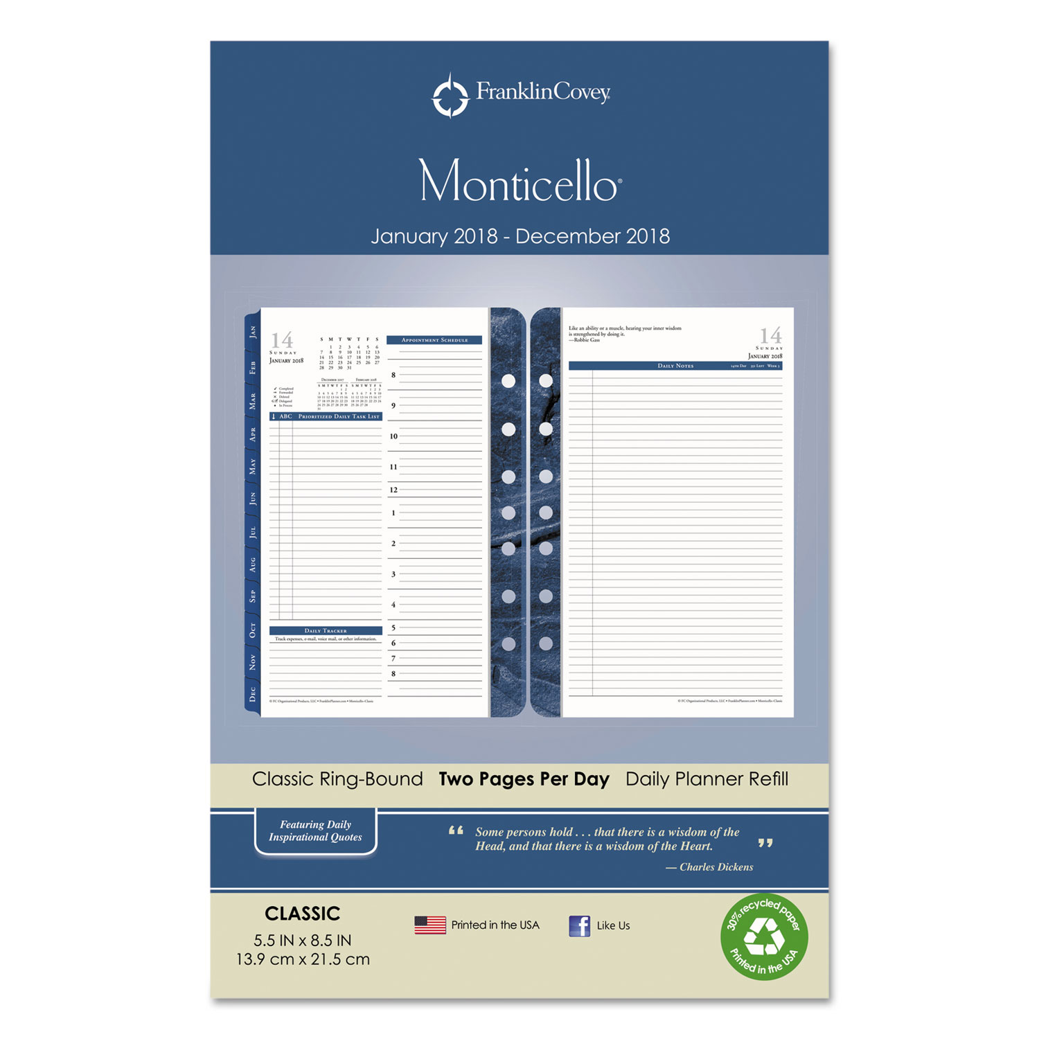 Monticello Dated Two-Page-per-Day Planner Refill, 5 1/2 x 8 1/2, 2018