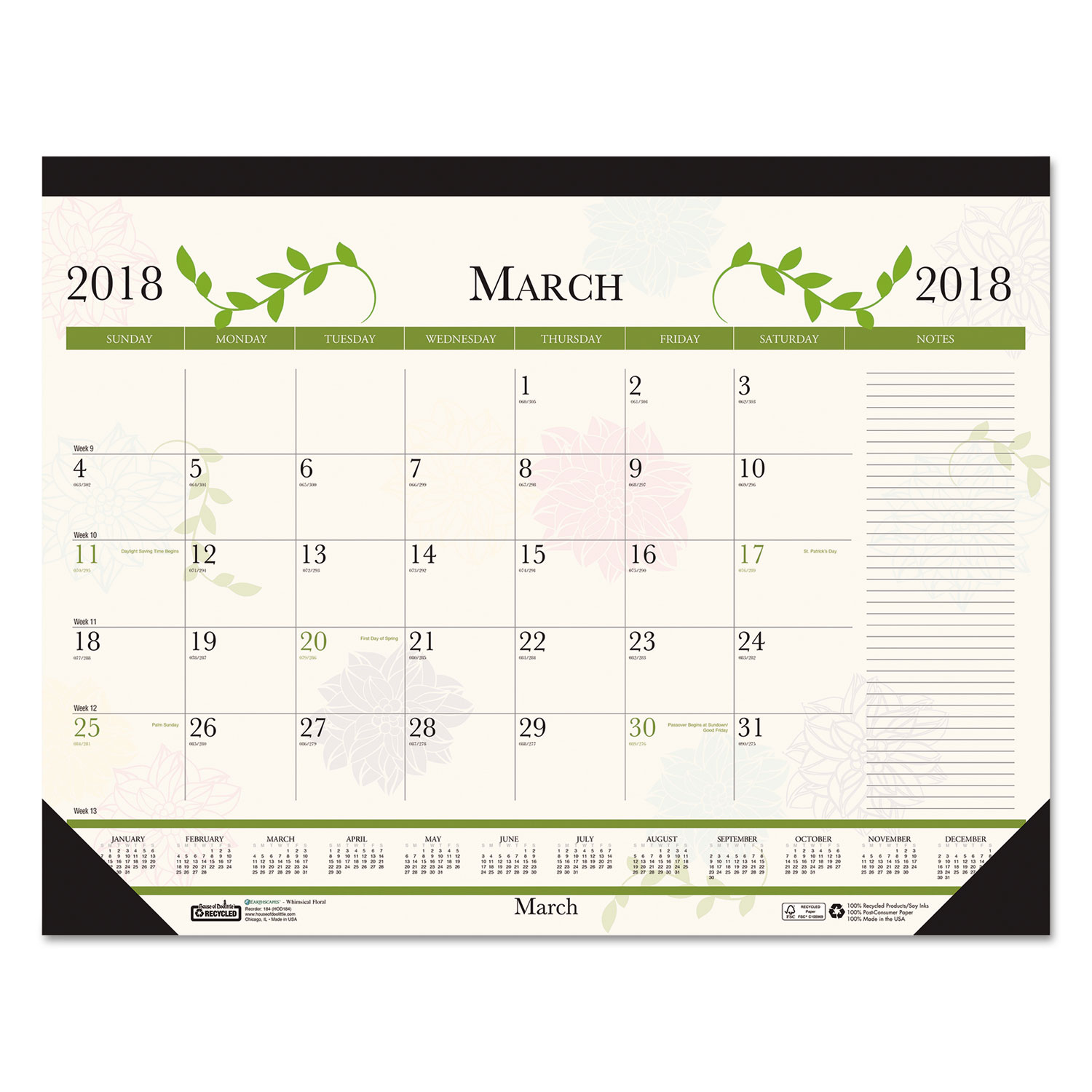 Recycled Floral Desk Pad Calendar, 22 x 17, 2018