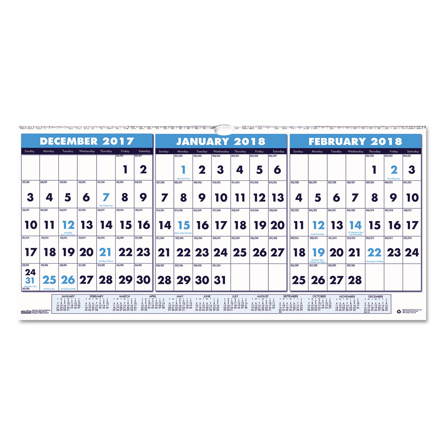 Recycled Three-Month Horizontal Wall Calendar, 23 1/2 x 12, 14-Month, 2017-2019