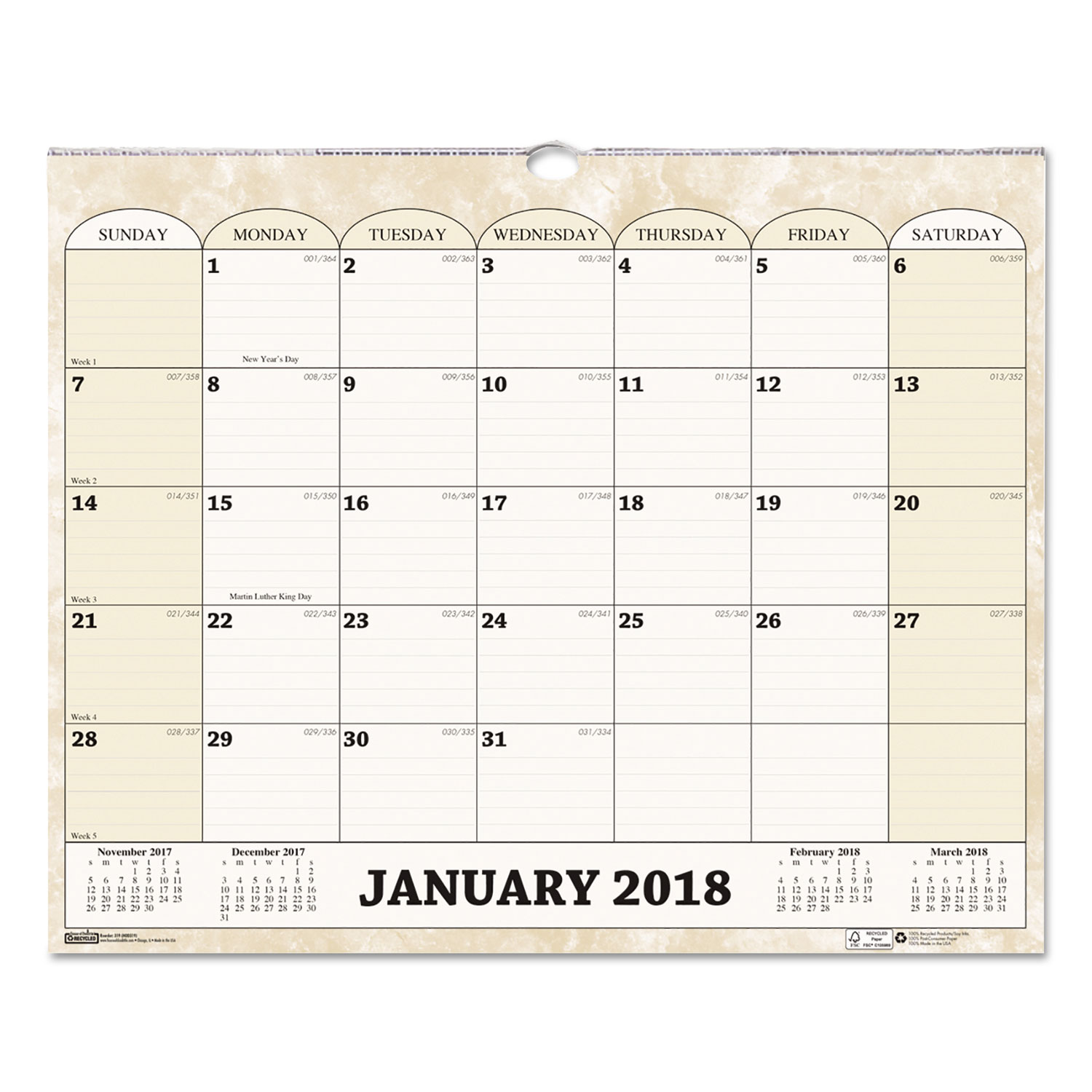 Recycled Monthly Horizontal Wall Calendar, 14 7/8 x 12, 2018