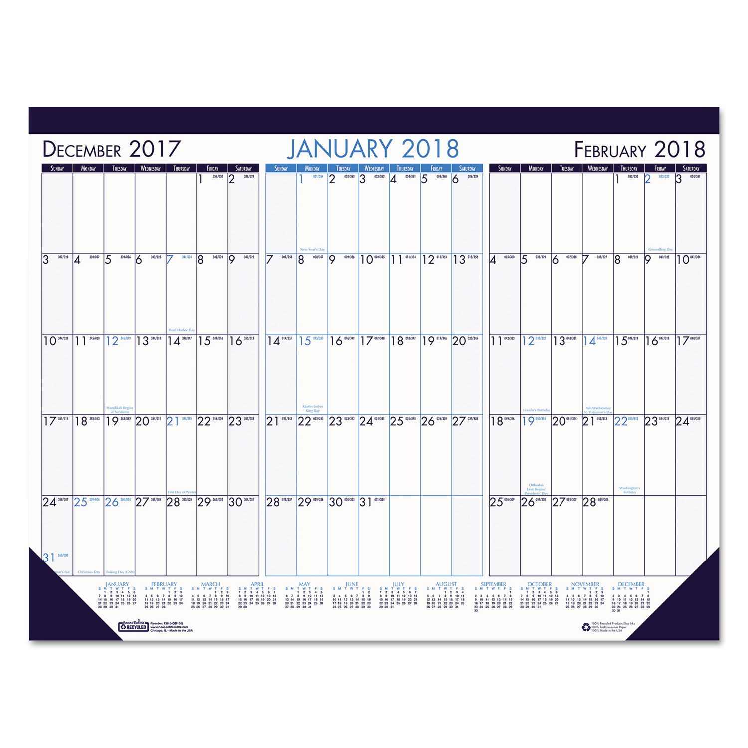 Three Month Desk Pad Calendar, 22 x 17, 2017-2019