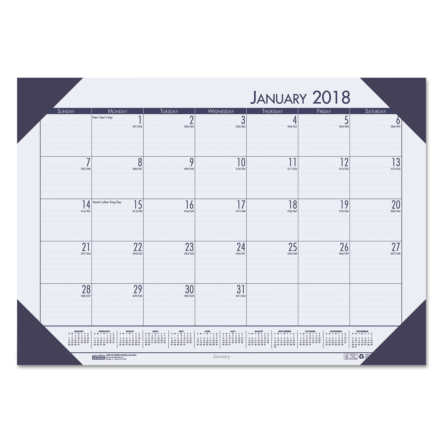 Recycled EcoTones Ocean Blue Monthly Desk Pad Calendar, 18 1/2 x 13, 2018
