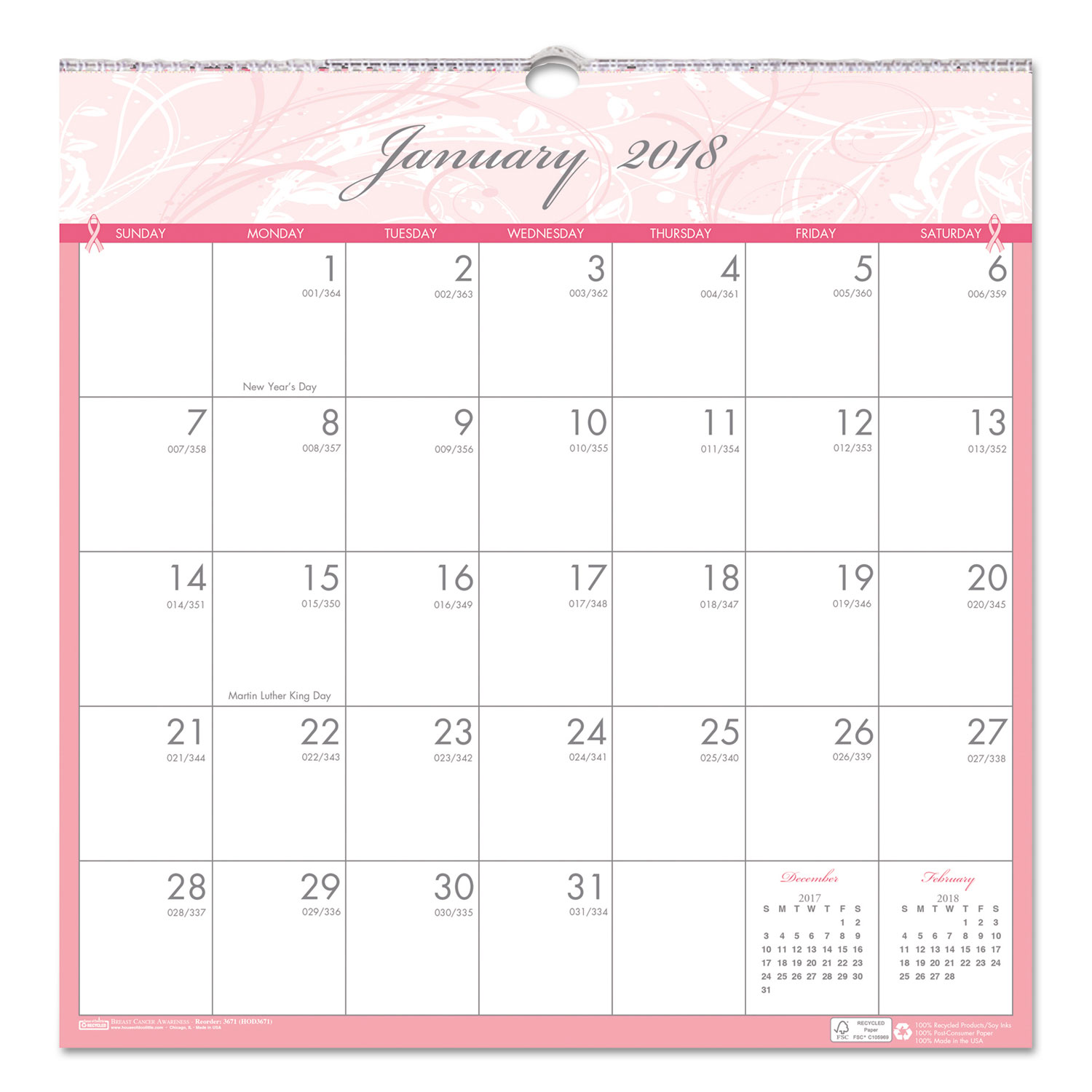 Recycled Breast Cancer Awareness Monthly Wall Calendar, 12 x 12, 2018