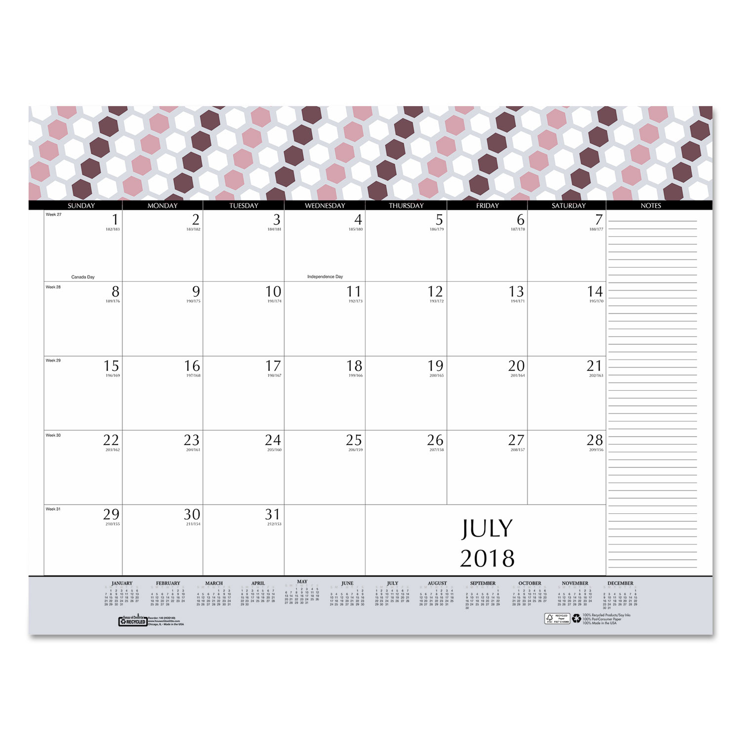 100% Recycled Geometric Desk Pad Calendar, 22 x 17, 2018