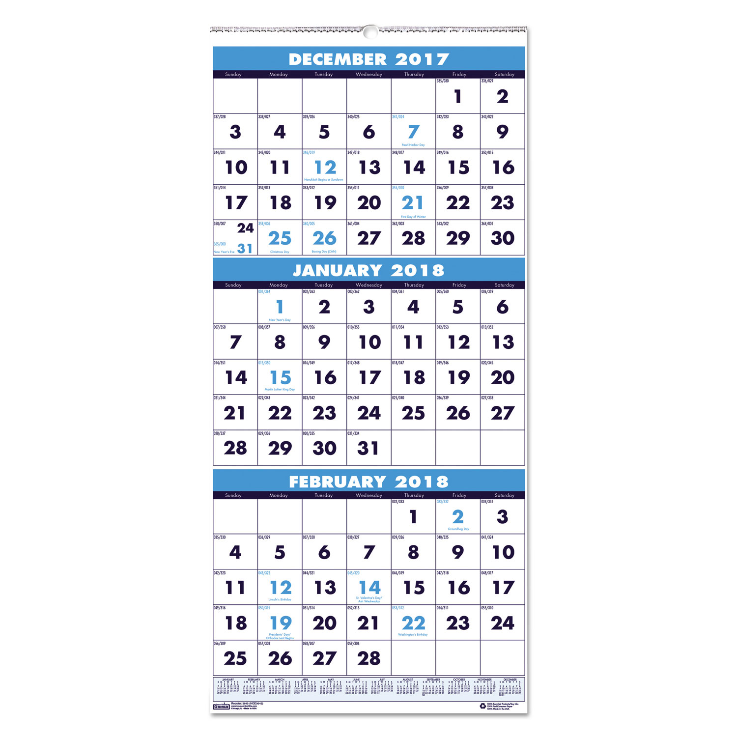 Recycled Three-Month Format Wall Calendar, 12 1/4 x 26, 14-Month, 2017-2019