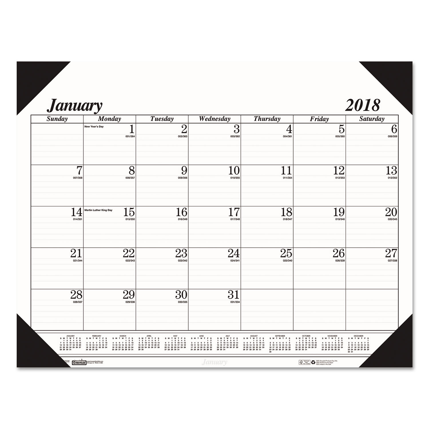 Recycled One-Color Refillable Monthly Desk Pad Calendar, 22 x 17, 2018