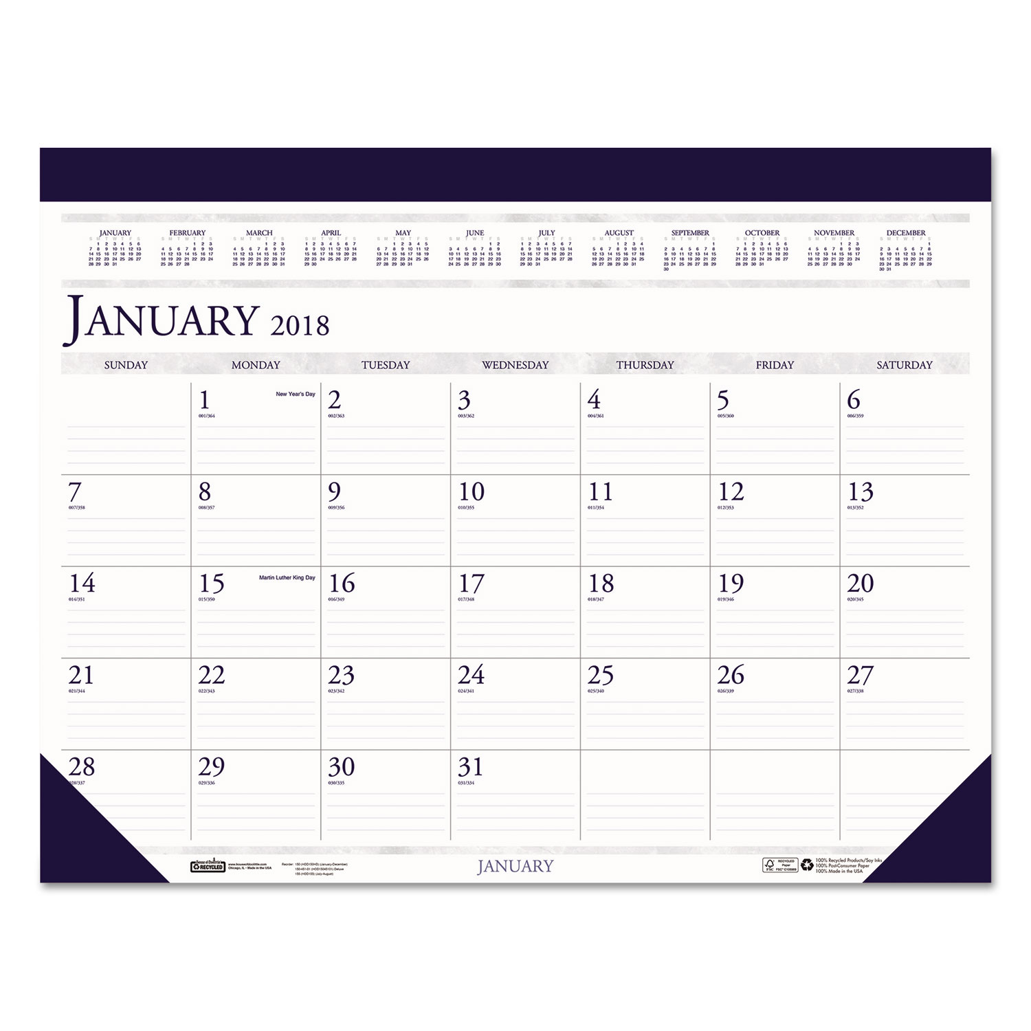 Recycled Two-Color Refillable Monthly Desk Pad Calendar, 22 x 18, 2018