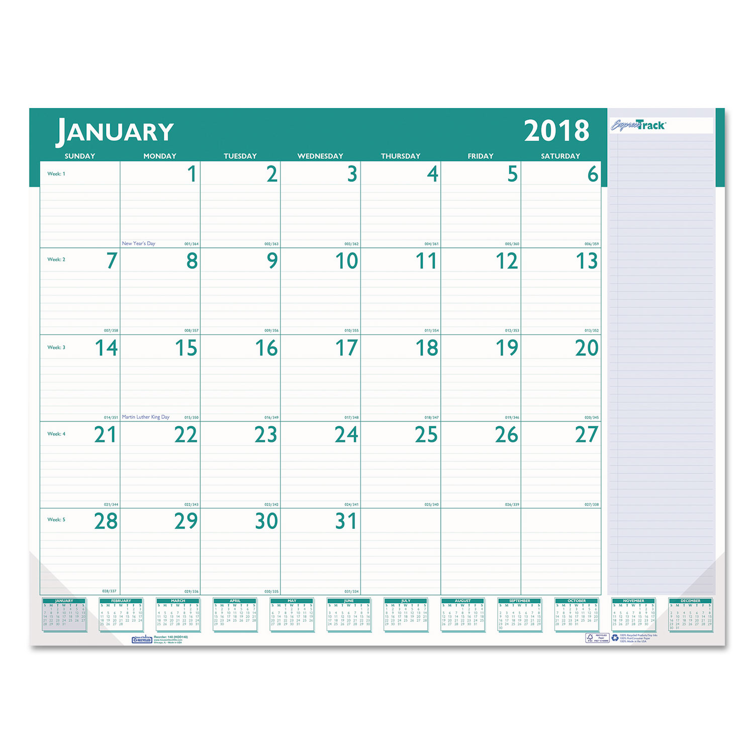 Express Track Monthly Desk Pad Calendar, 22 x 17, 2018-2019
