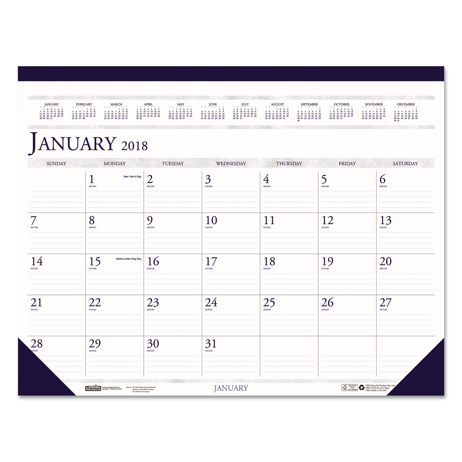 Recycled Two-Color Monthly Desk Pad Calendar, 18 1/2 x 13, 2018