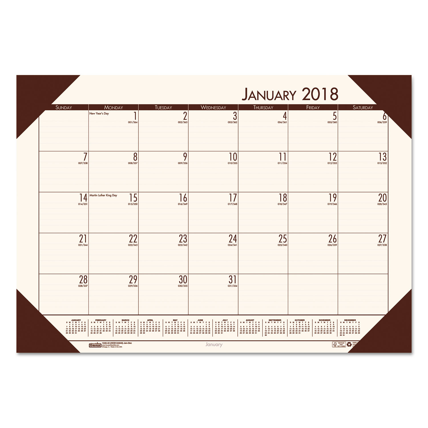 EcoTones Cream/Brown Monthly Desk Pad Calendar, 18 1/2 x 13, 2018