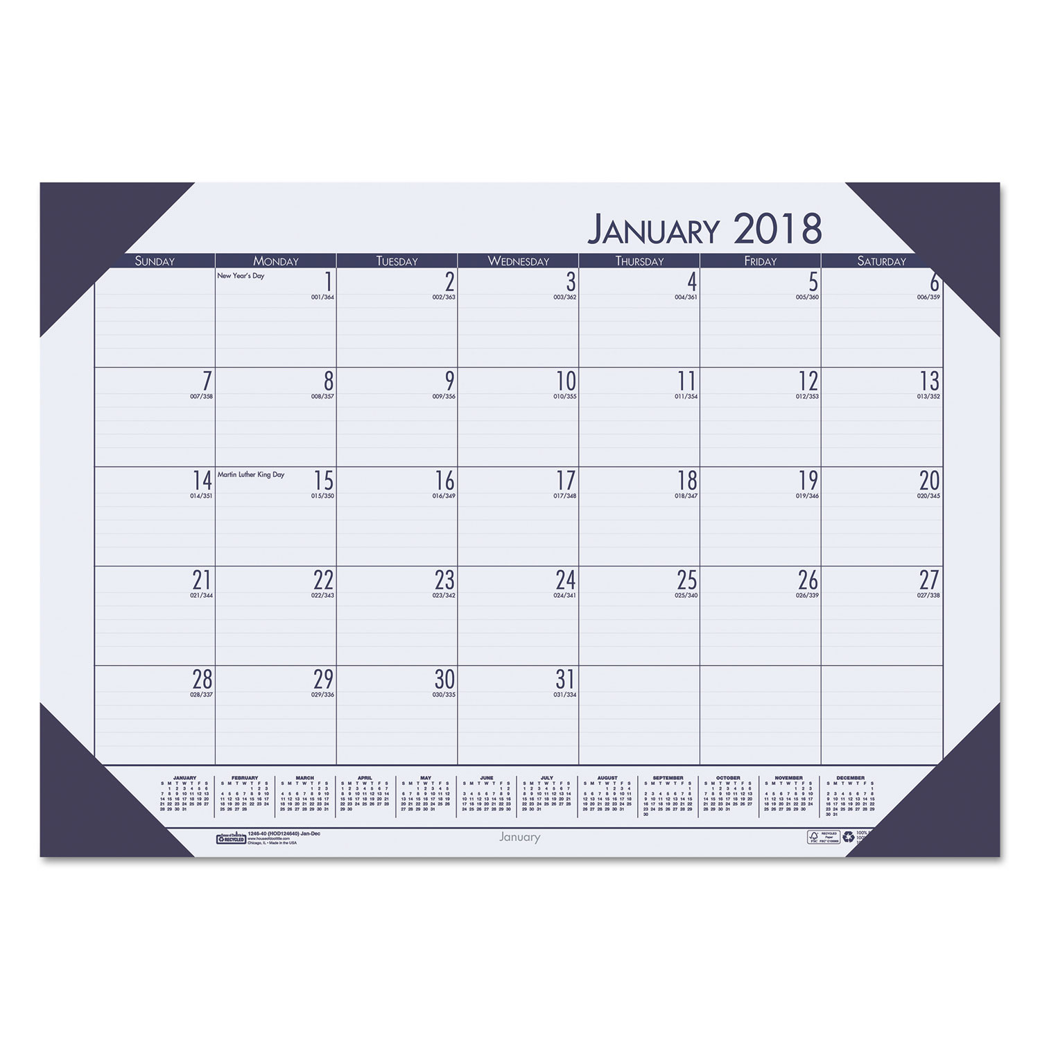 Recycled EcoTones Ocean Blue Monthly Desk Pad Calendar, 22 x 17, 2018