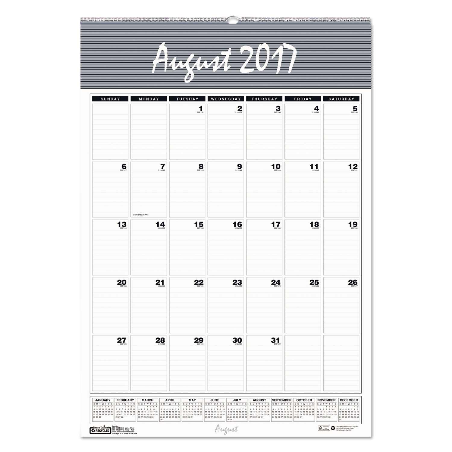 Recycled Bar Harbor Wirebound Academic Monthly Wall Calendar, 12 x 17, 2017-2018