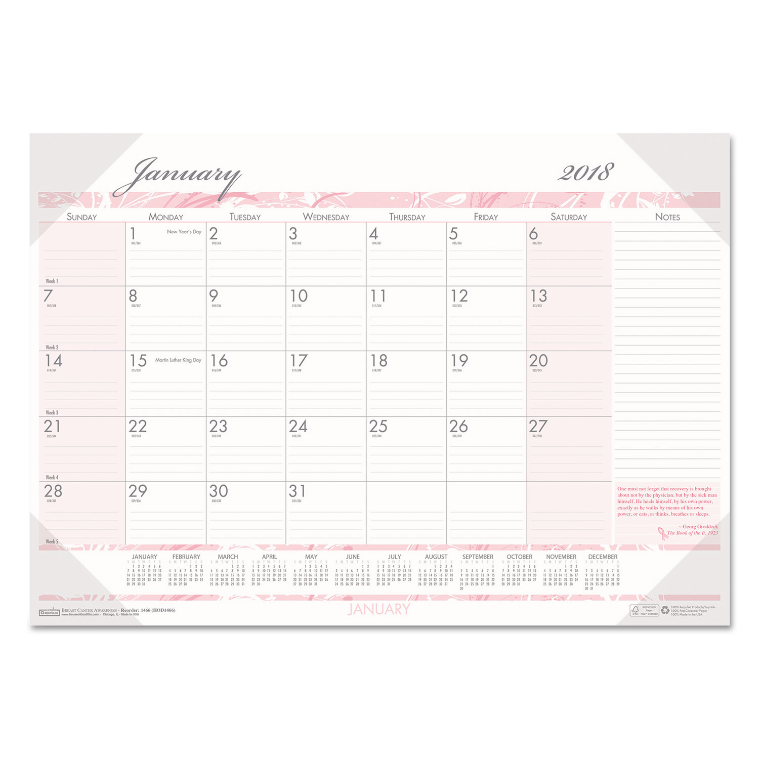 Recycled Breast Cancer Awareness Monthly Desk Pad Calendar, 18 1/2 x 13, 2018