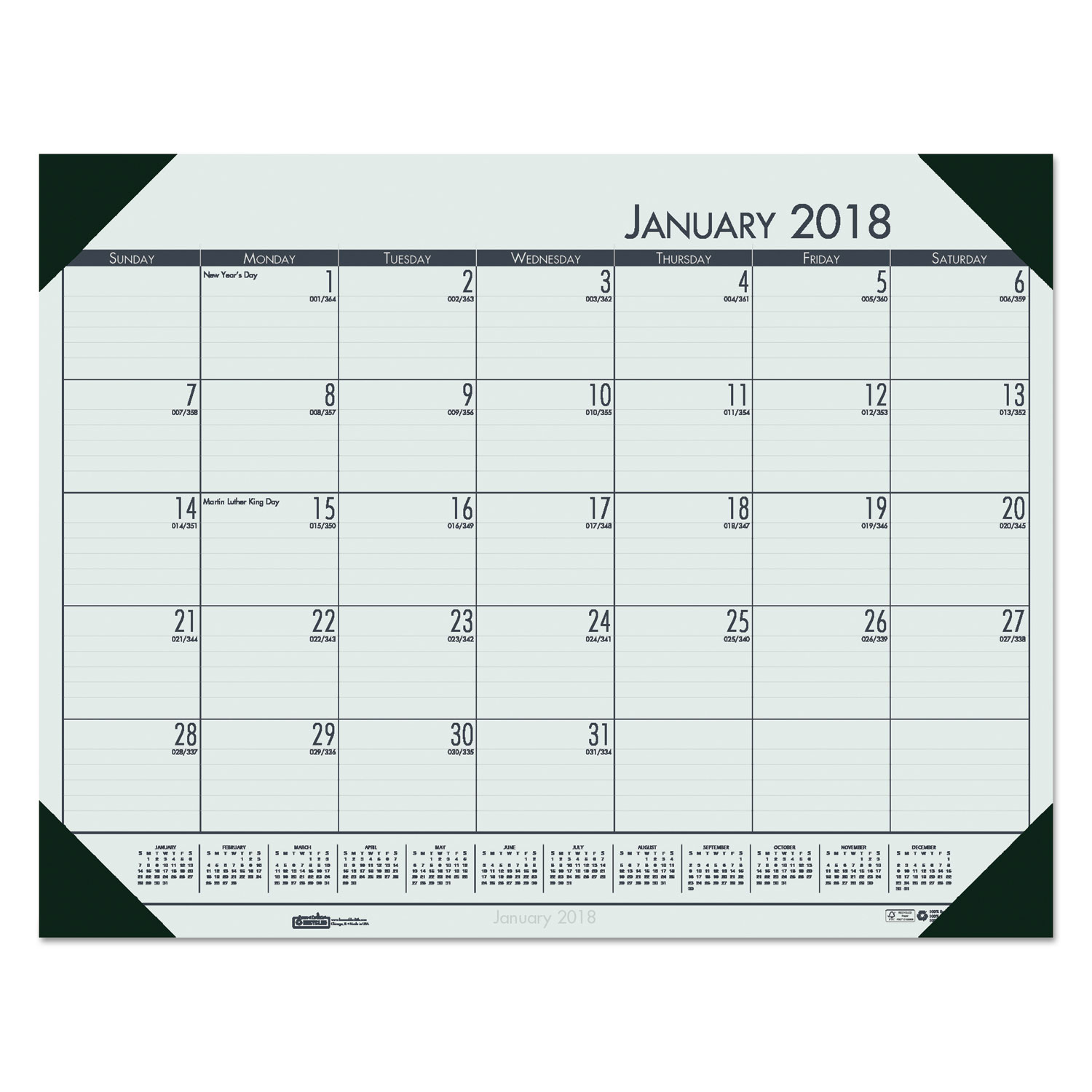Recycled EcoTones Woodland Green Monthly Desk Pad Calendar, 22 x 17, 2018