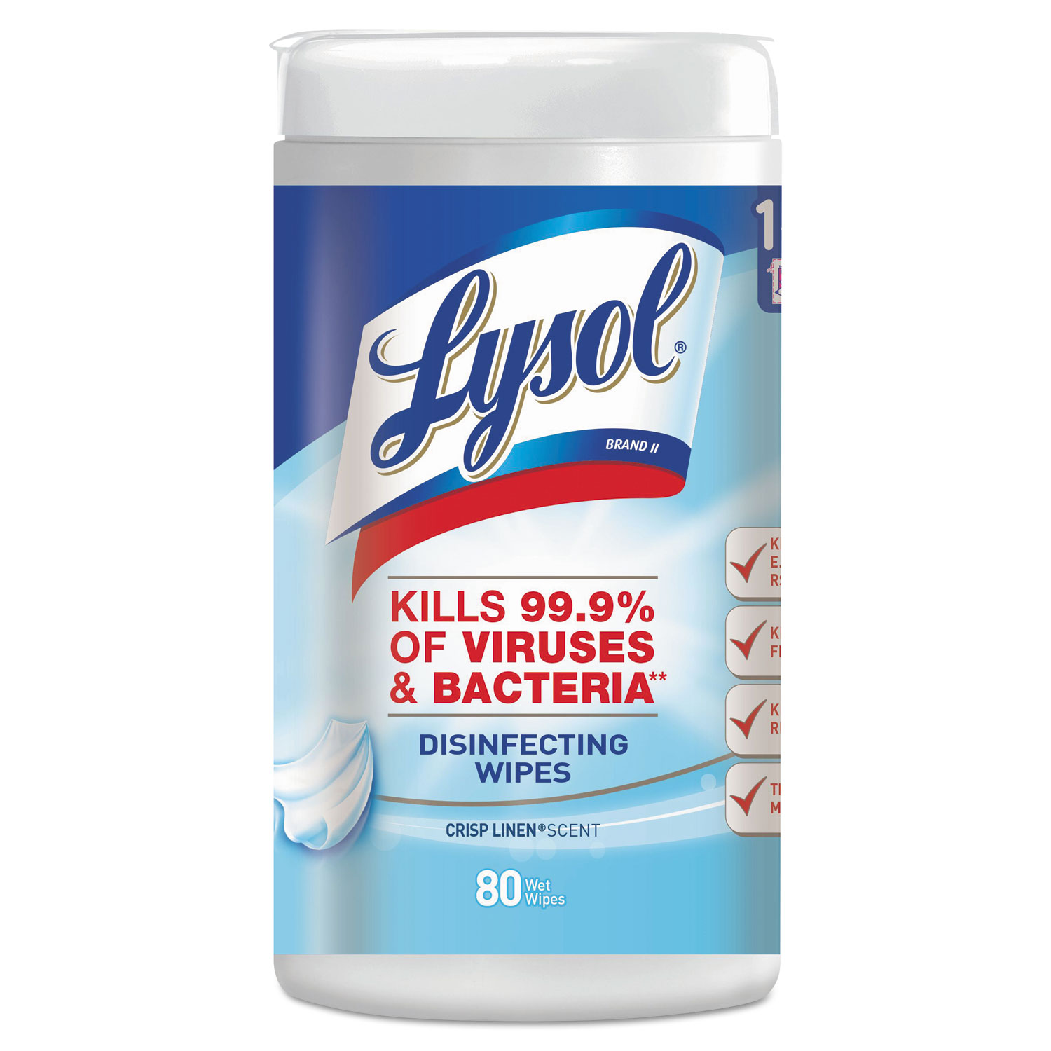  LYSOL Brand 19200-89346 Disinfecting Wipes, 7 x 8, Crisp Linen, 80 Wipes/Canister, 6 Canisters/Carton (RAC89346CT) 