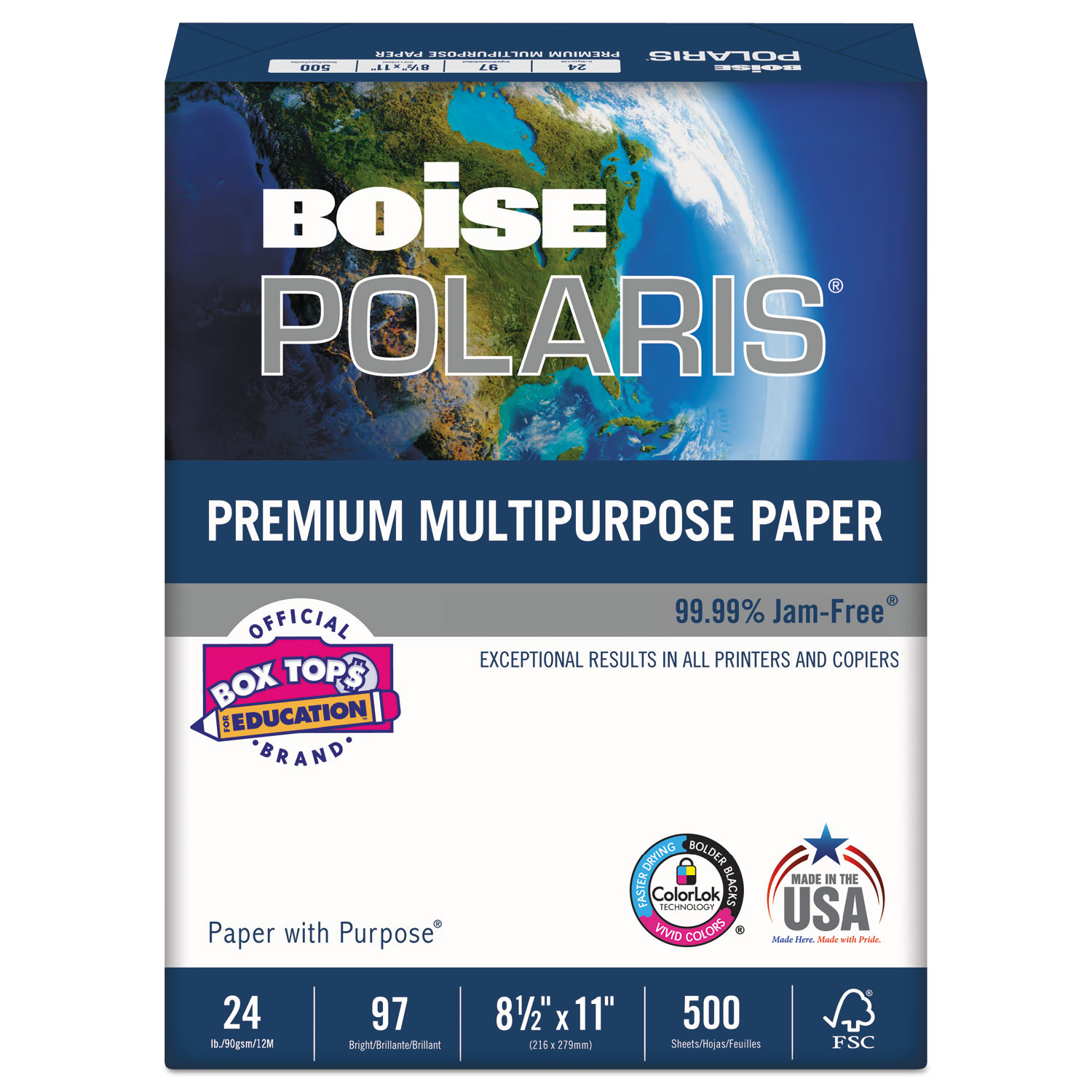 Boise® POLARIS Premium Multipurpose Paper, 97 Bright, 20lb, 8.5 x 11, White, 500/Ream