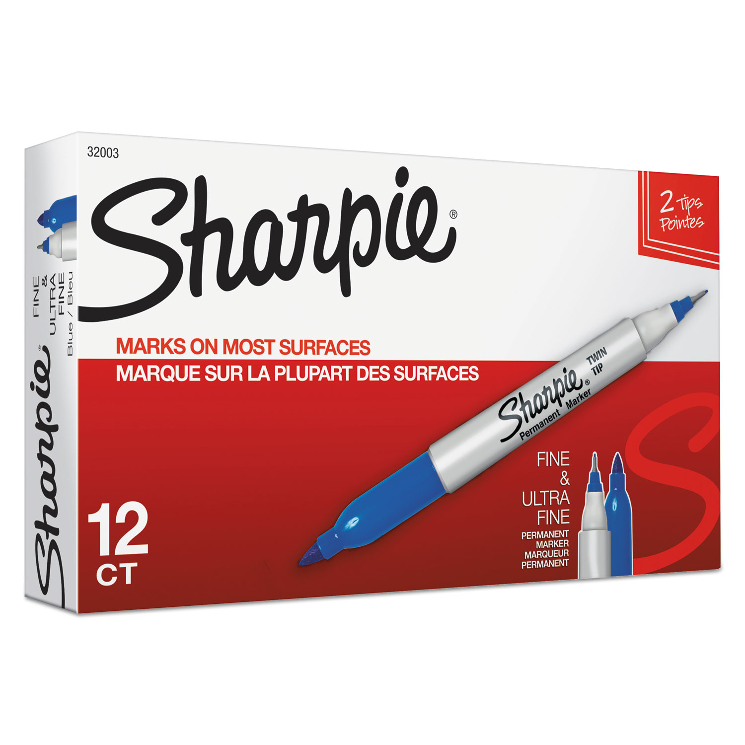  Sharpie 32003 Twin-Tip Permanent Marker, Fine/Extra-Fine Bullet Tip, Blue, Dozen (SAN32003) 
